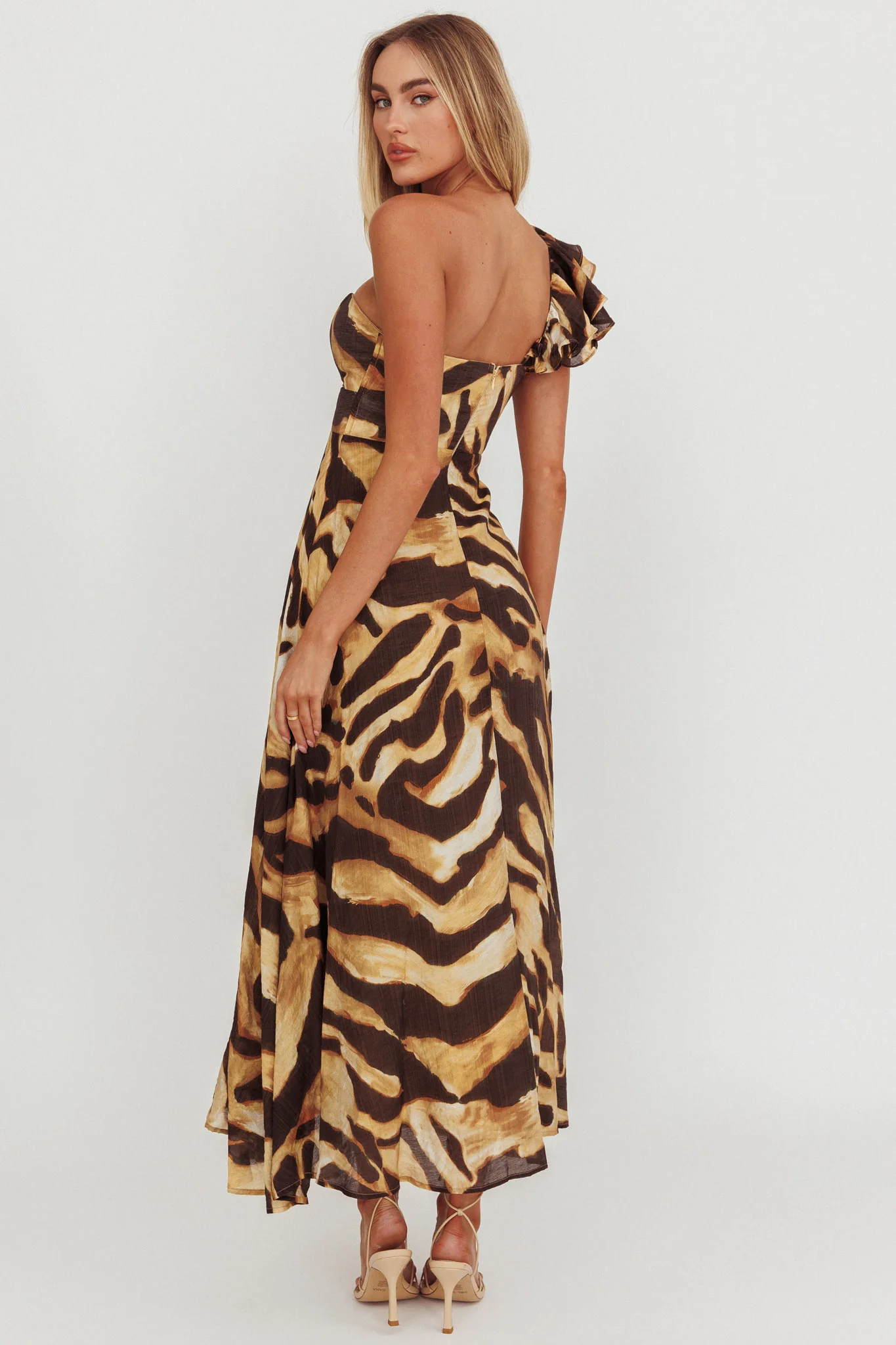 Skyla One Shoulder Ruffle Maxi Dress Leopard - Sonourner