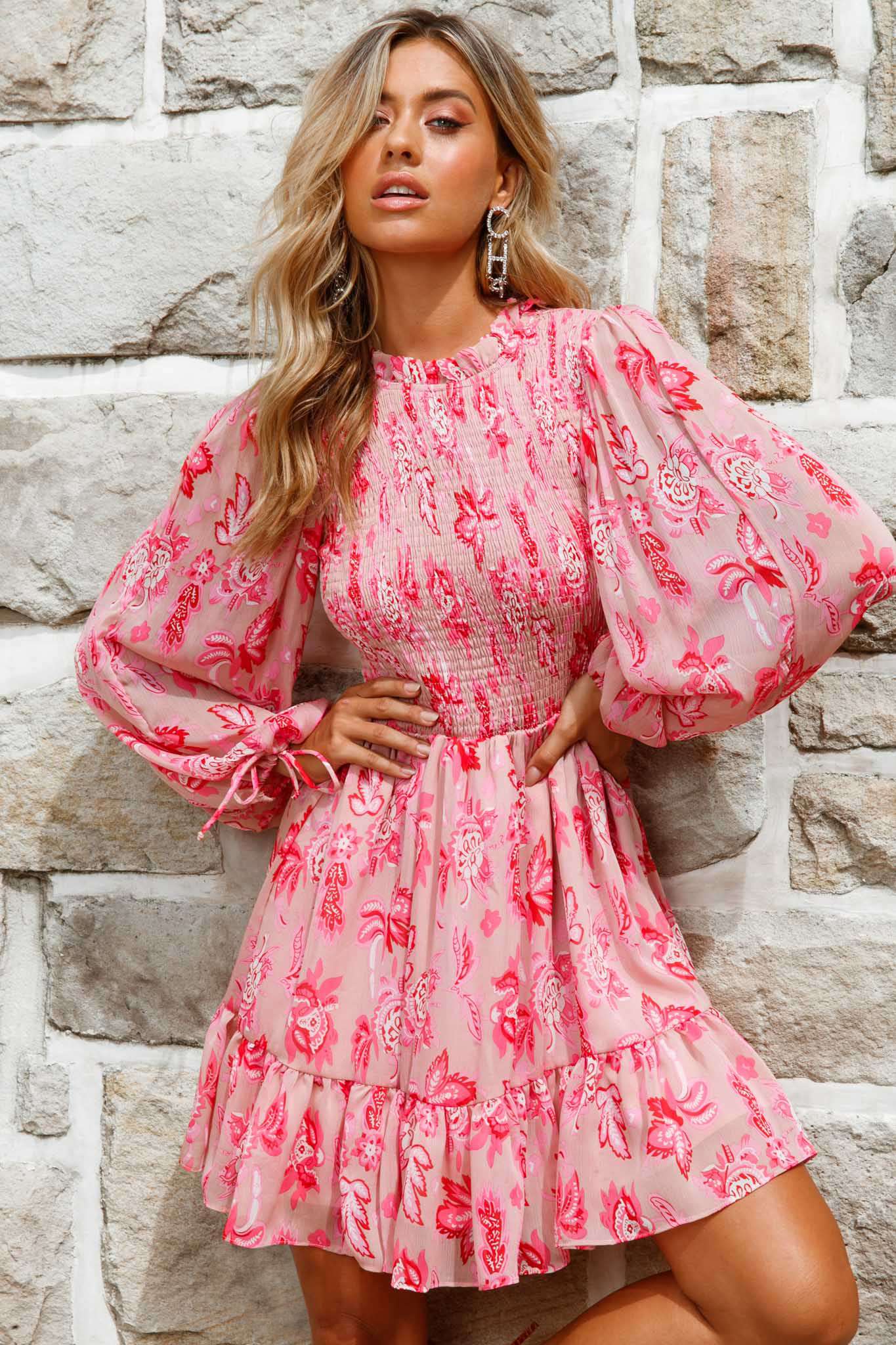 Marja Long Balloon Sleeve Shirred Dress Floral Print Pink - Sonourner