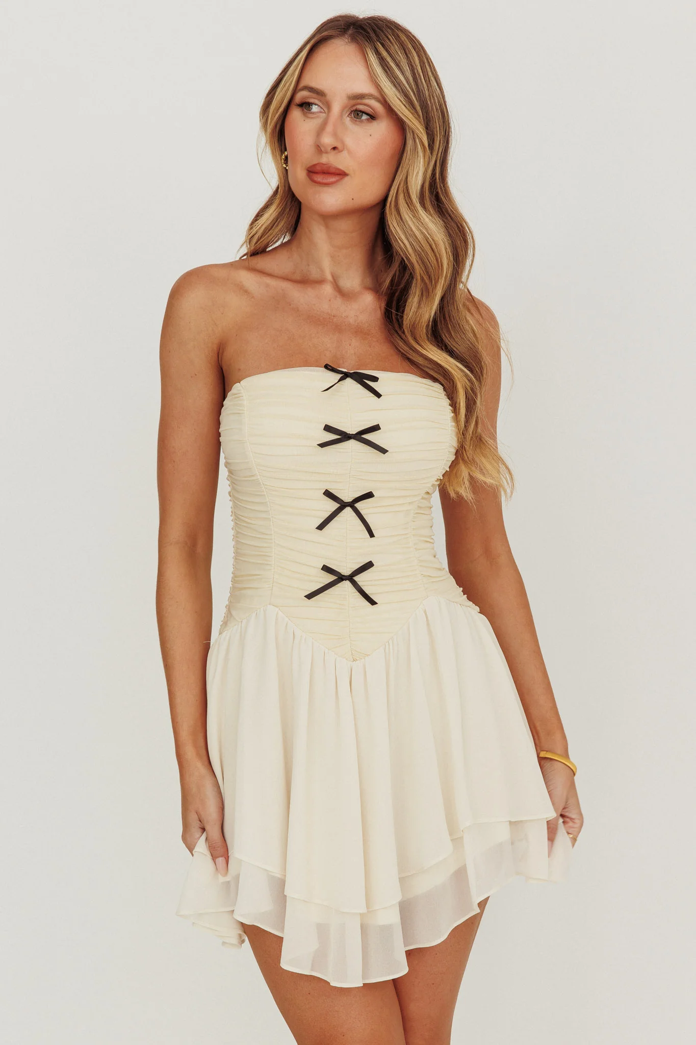 Cherry Lips Strapless Chiffon Mini Dress Cream - Sonourner