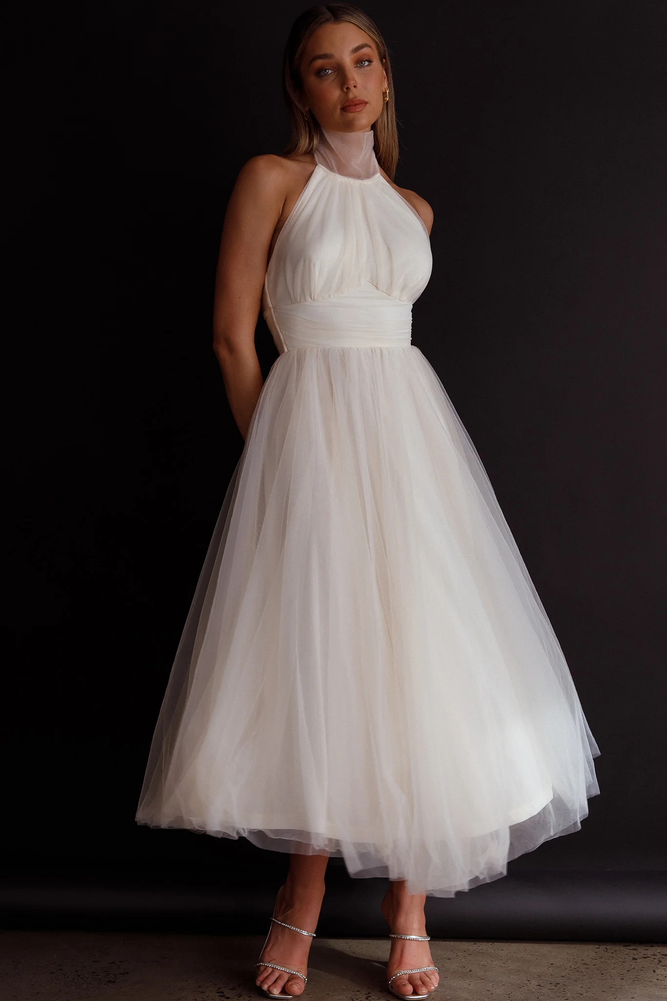 Andria Halterneck Tulle Midi Dress Ivory - Sonourner