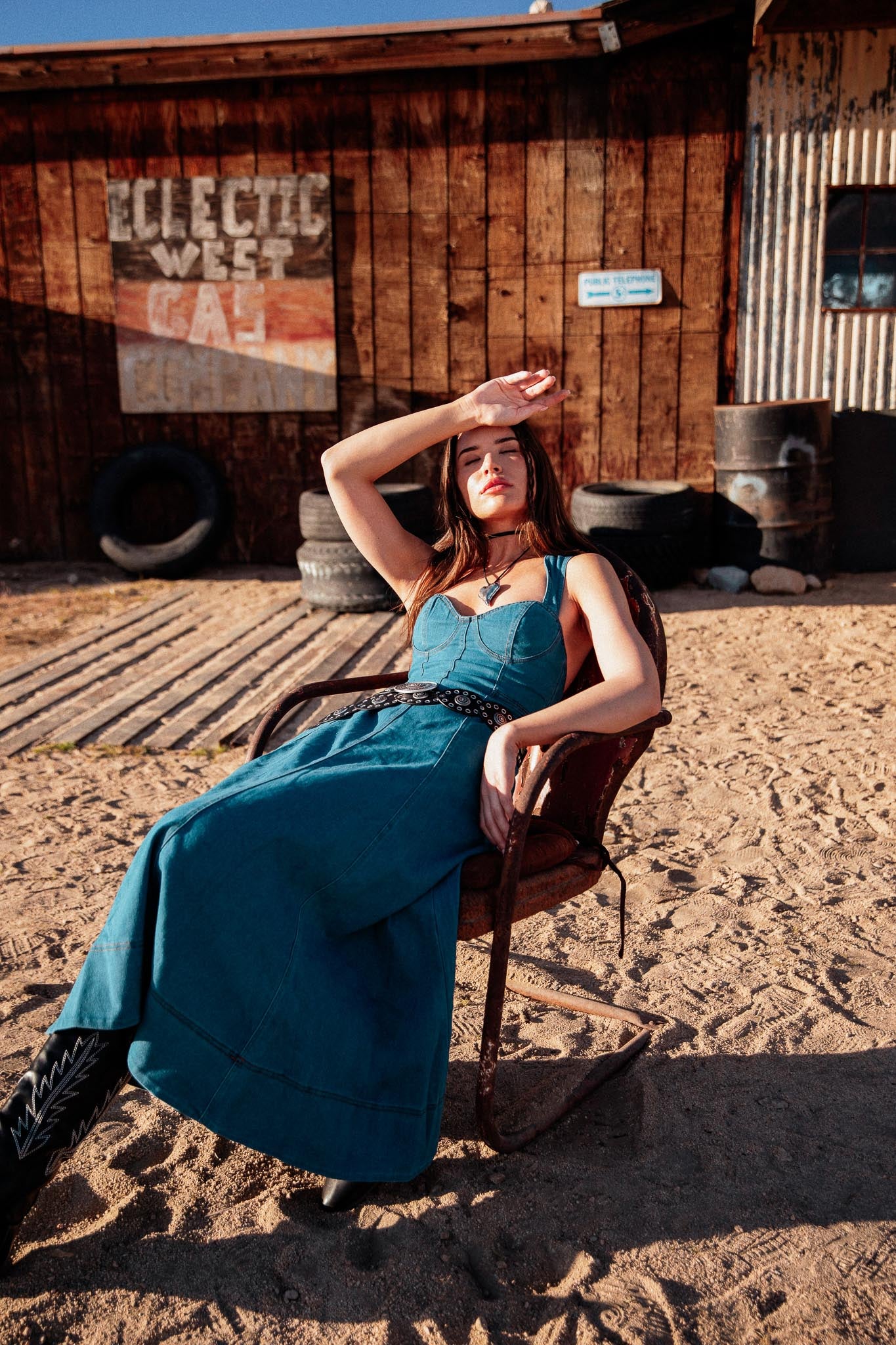 Ellora Criss-Cross Back Denim Maxi Dress Navy - Sonourner