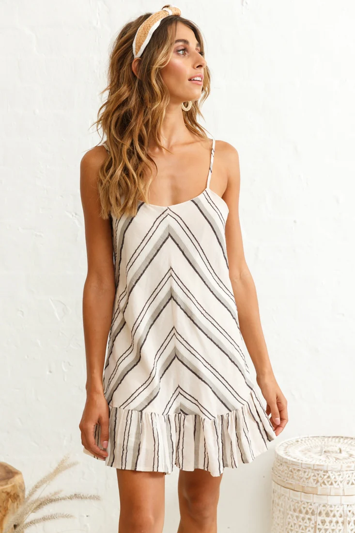 Beni Cami Strap Shift Dress Diagonal Pattern Beige - Sonourner