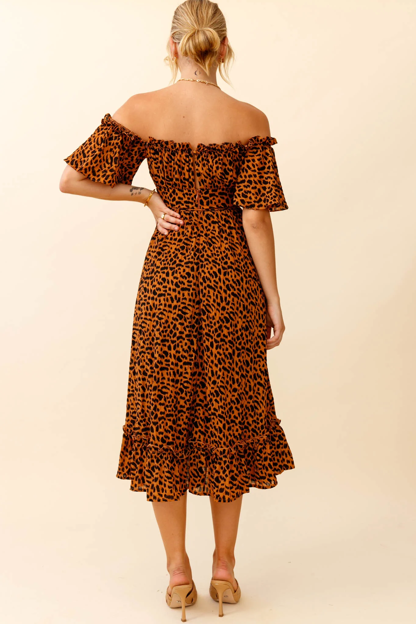 Voyager Off-Shoulder Bell Sleeve Midi Dress Leopard Print Brown - Sonourner