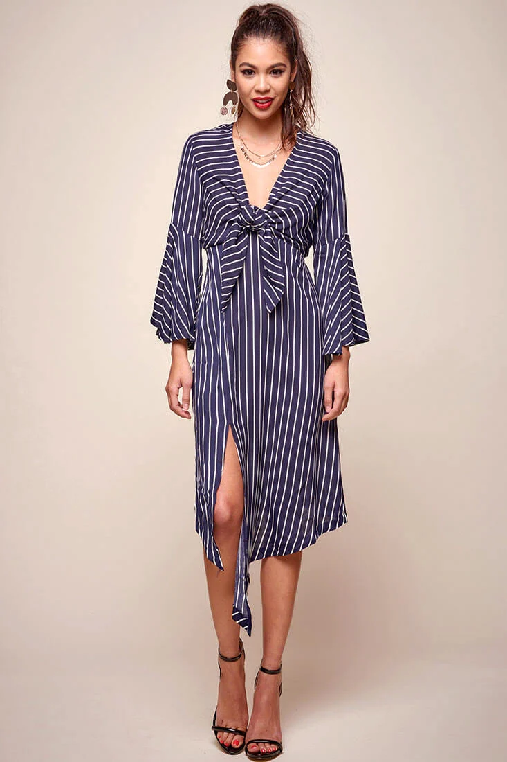 Jaedyn Waist Tie Bell Sleeve Dress Navy - Sonourner