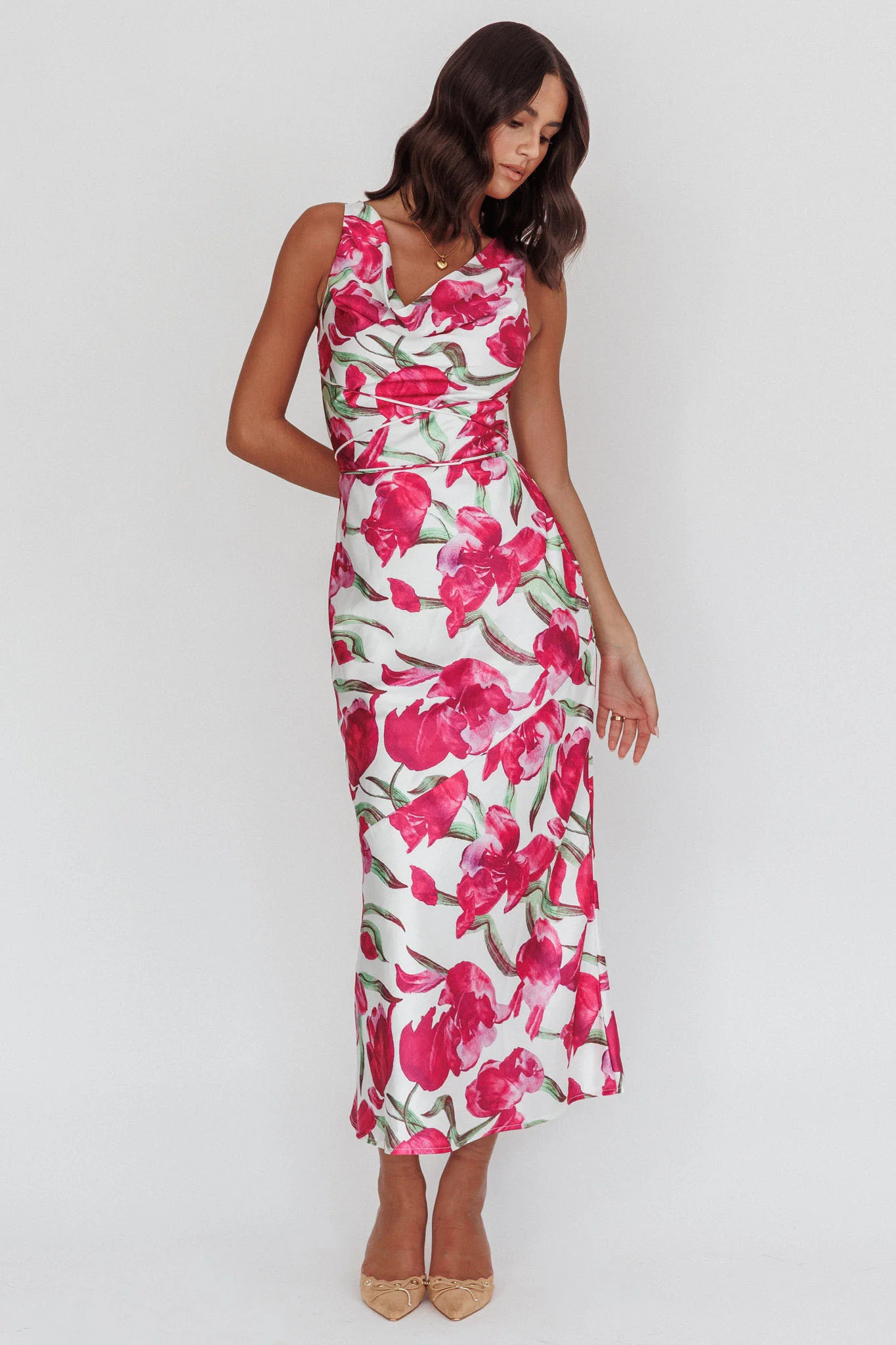 Serenitie Cowl Neck Waist Tie Maxi Dress Floral Pink - Sonourner