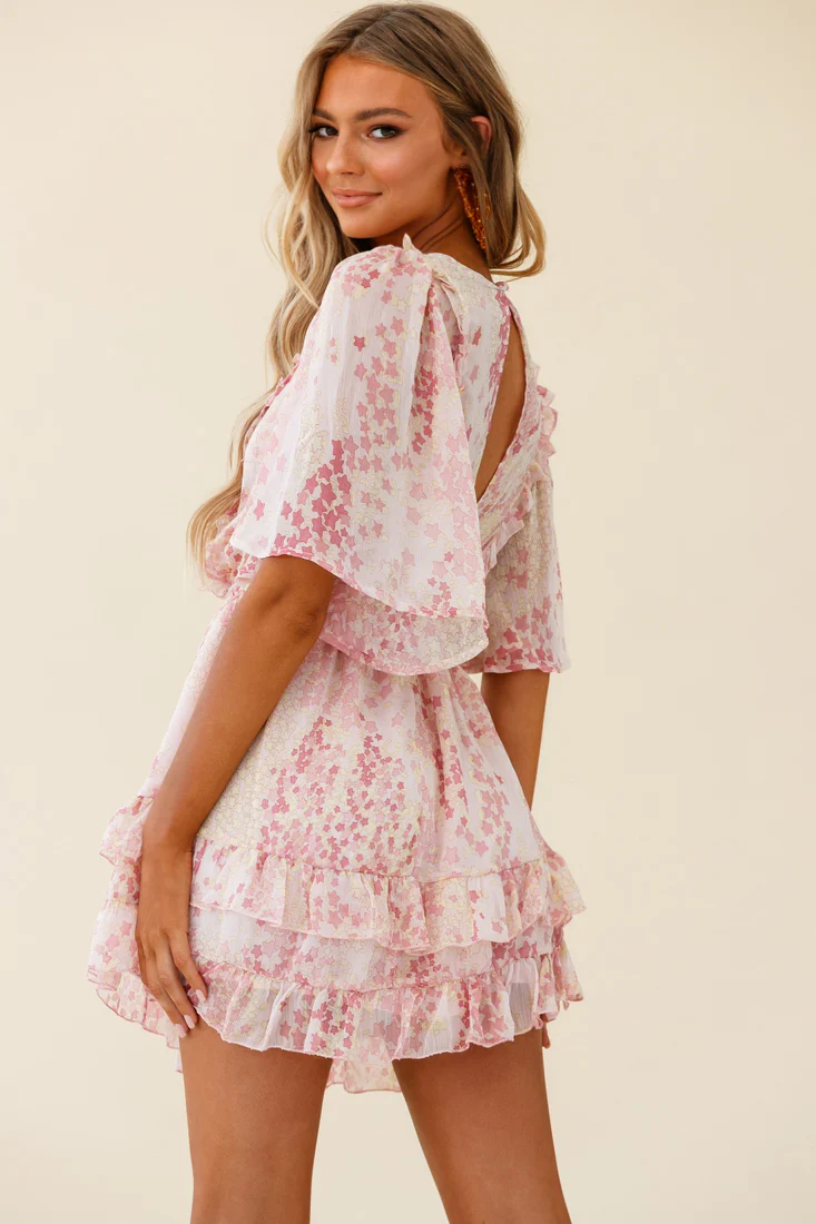 Stars Aligned Angel Sleeve Drawstring Waist Dress Star Print Pink - Sonourner