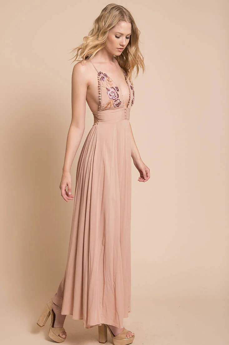 Summer Wedding Embroidered Floral Maxi Dress Mocha - Sonourner