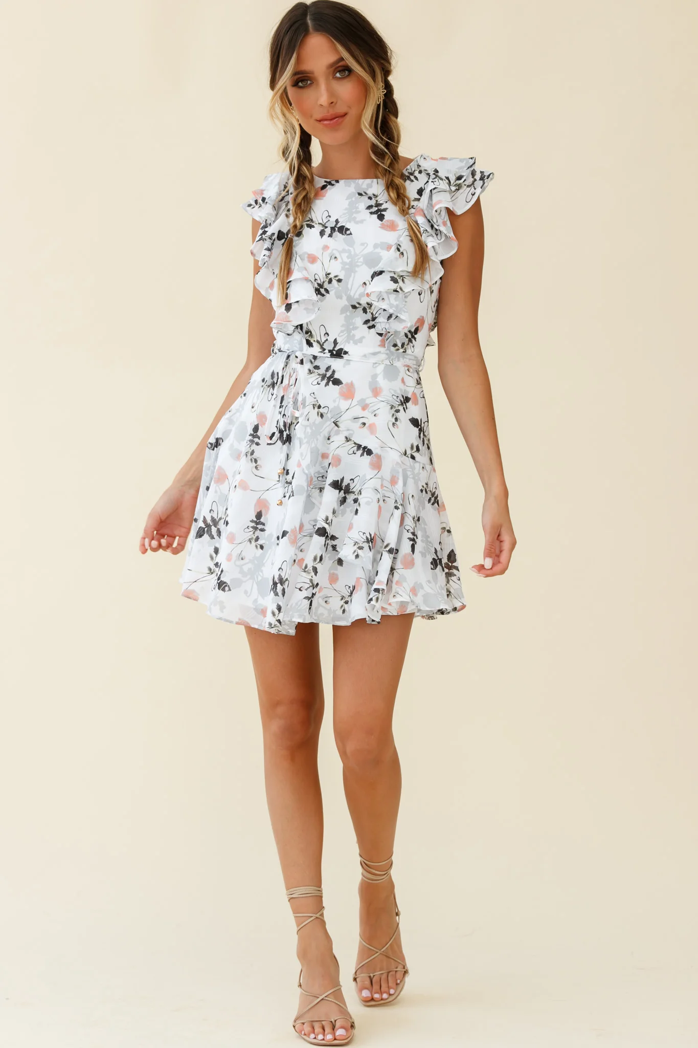 Wilton Ruffle Shoulder A-Line Dress Floral Print White - Sonourner
