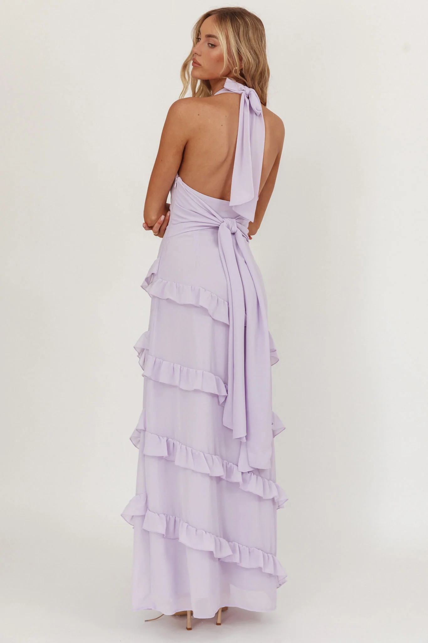Flirt Frill Trim Halter Maxi Dress Lilac - Sonourner