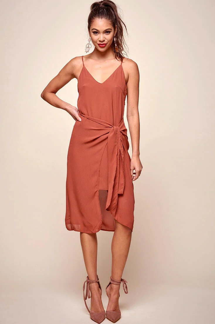 Allyson Waist Tie Slip Dress Rust - Sonourner