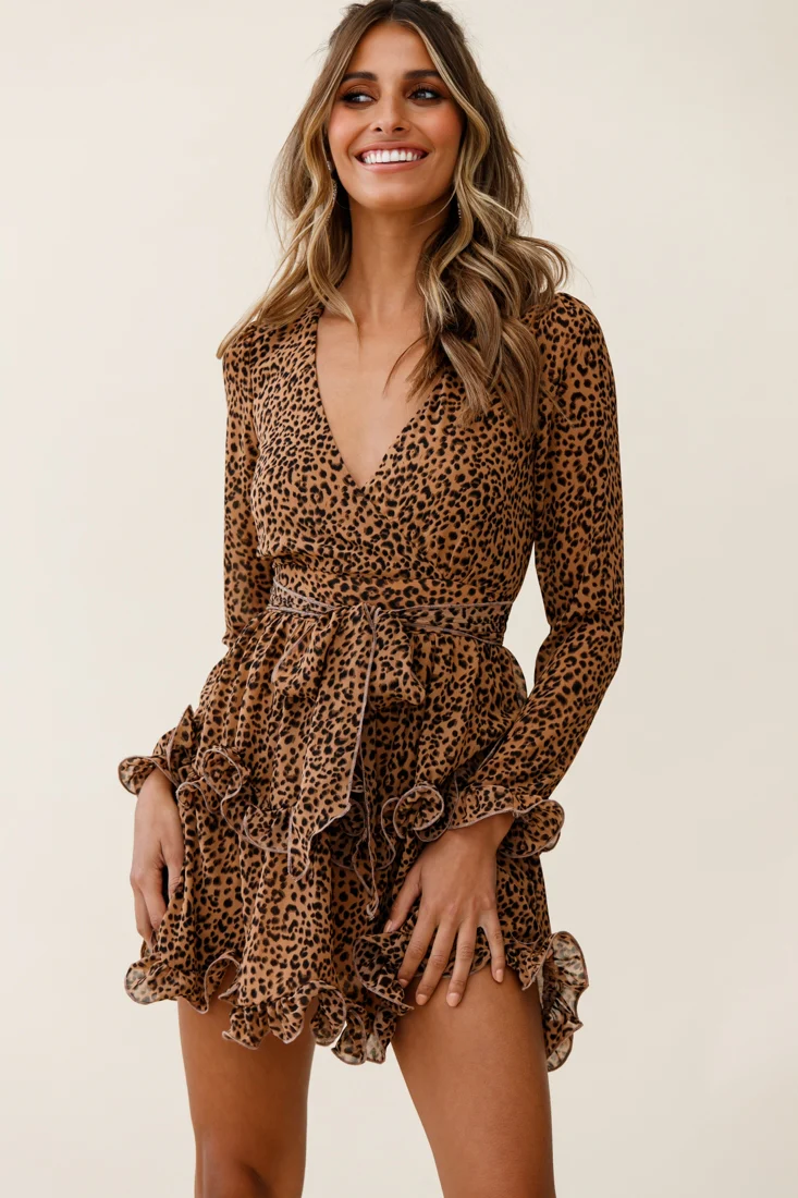 Greta Tiered Ruffle Chiffon Dress Animal Print Brown - Sonourner