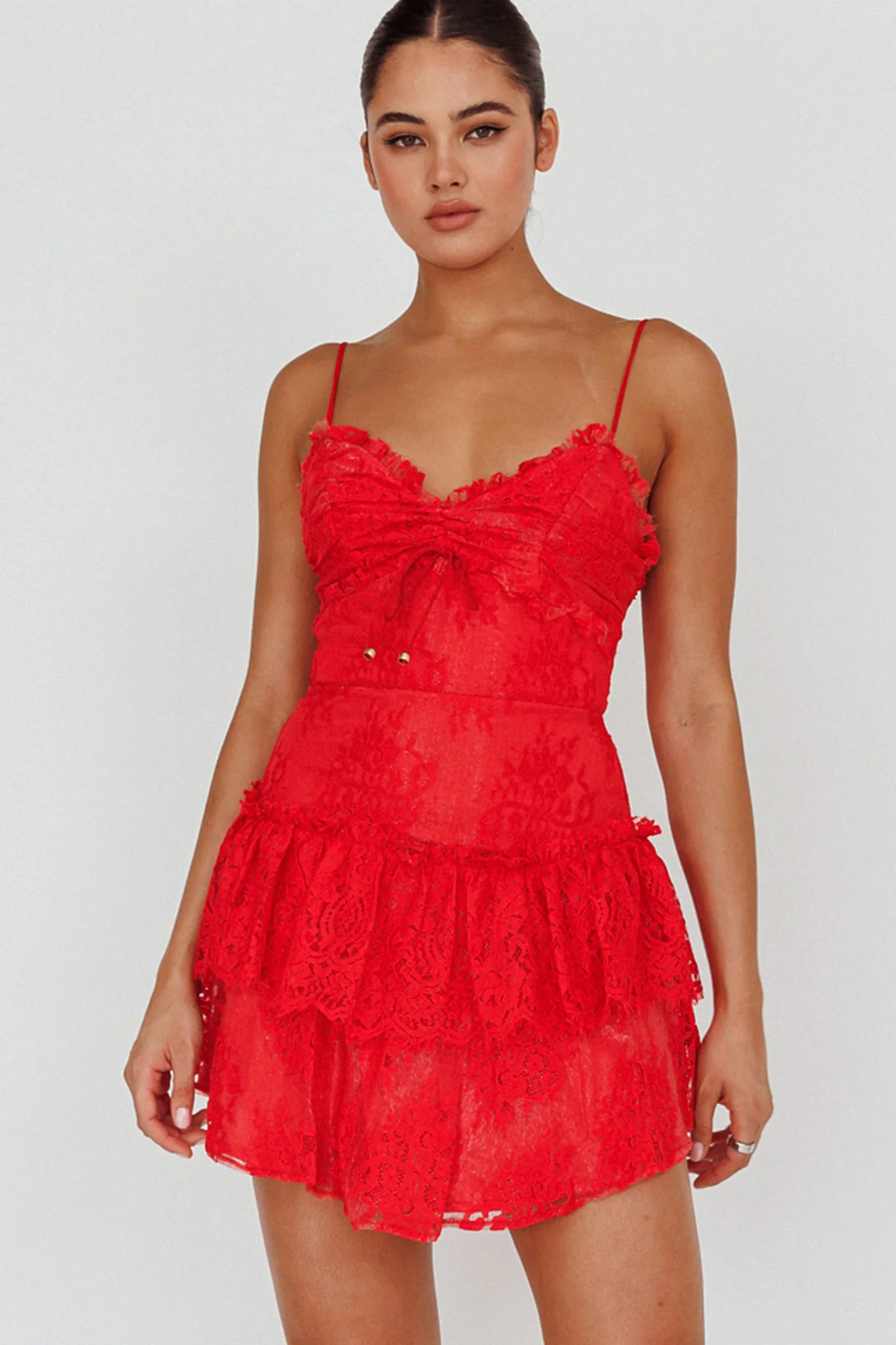 St Tropez Cami Strap Frill Trim Lace Mini Dress Red - Sonourner