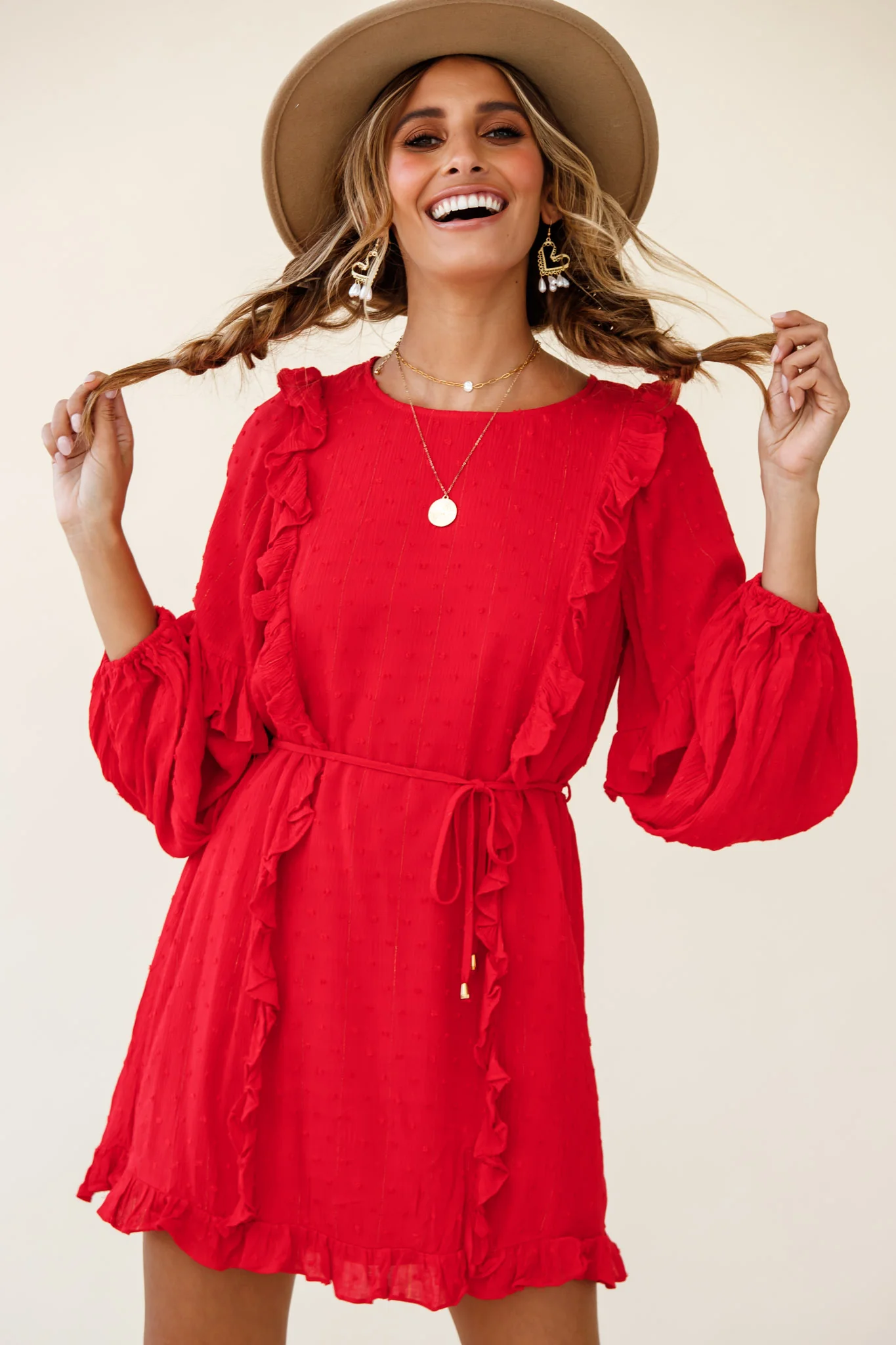 Maiden Long Sleeve Frill Dress Red - Sonourner