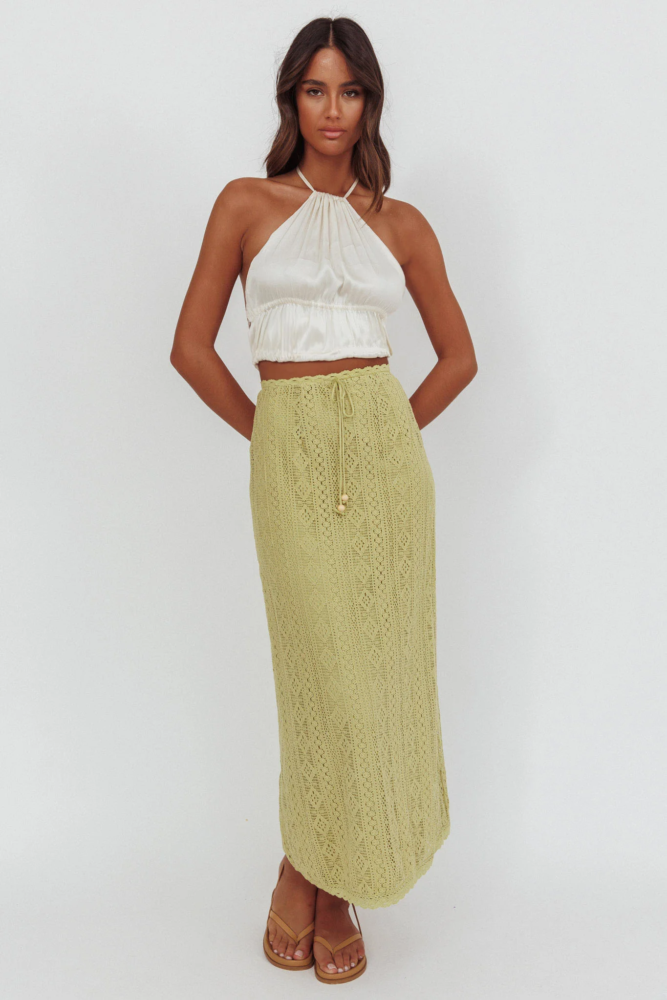 Days Away Crochet Lace Maxi Skirt Moss - Sonourner