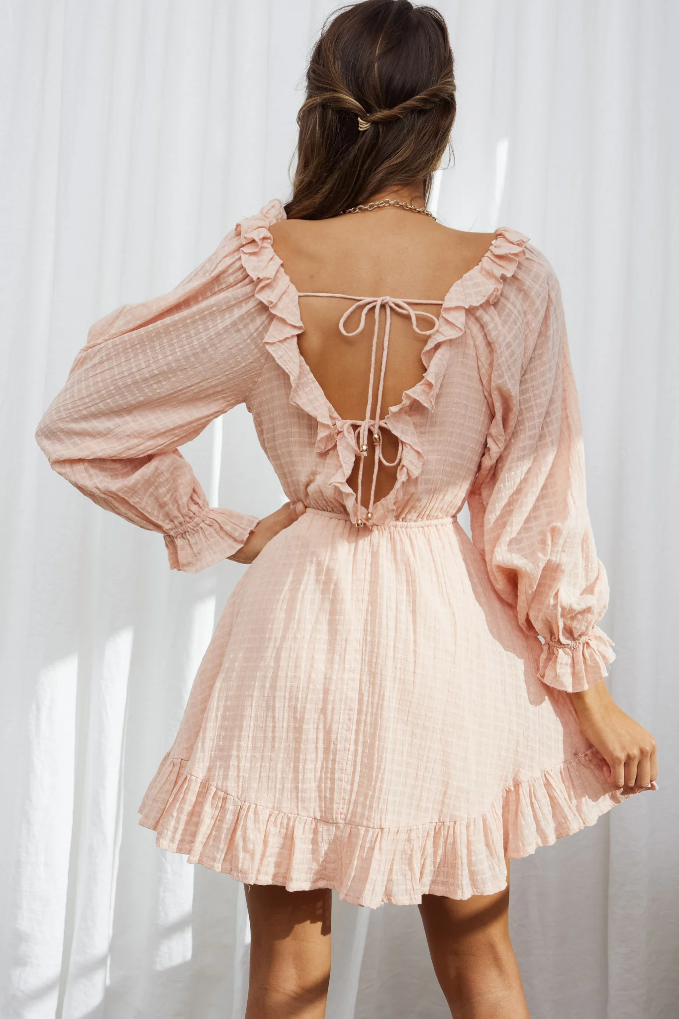 Hooked On A Feeling Long Sleeve String Tie Back Mini Dress Peach - Sonourner