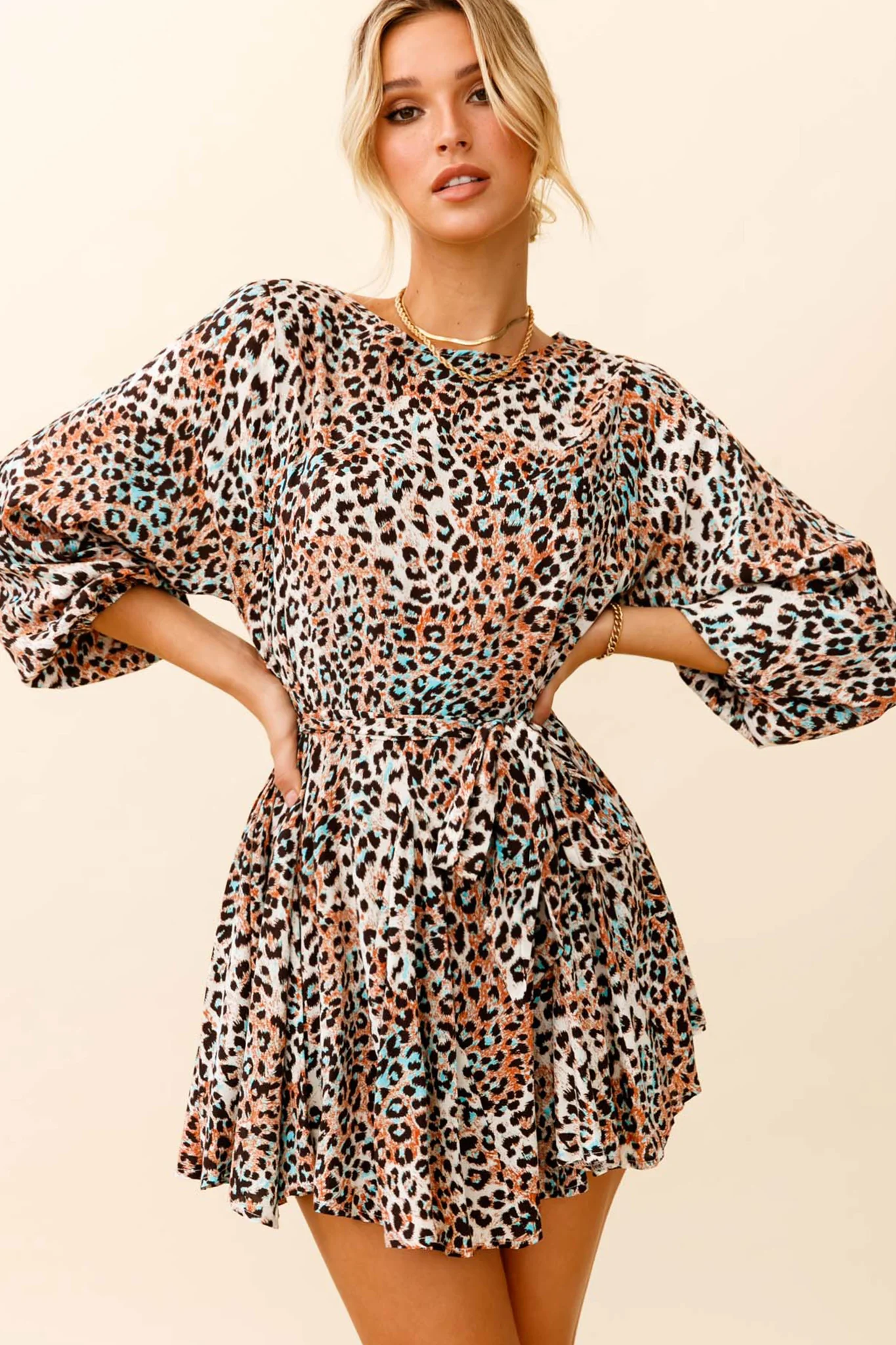 Drift Away Long Sleeve Godet Detail Dress Leopard Print Brown - Sonourner