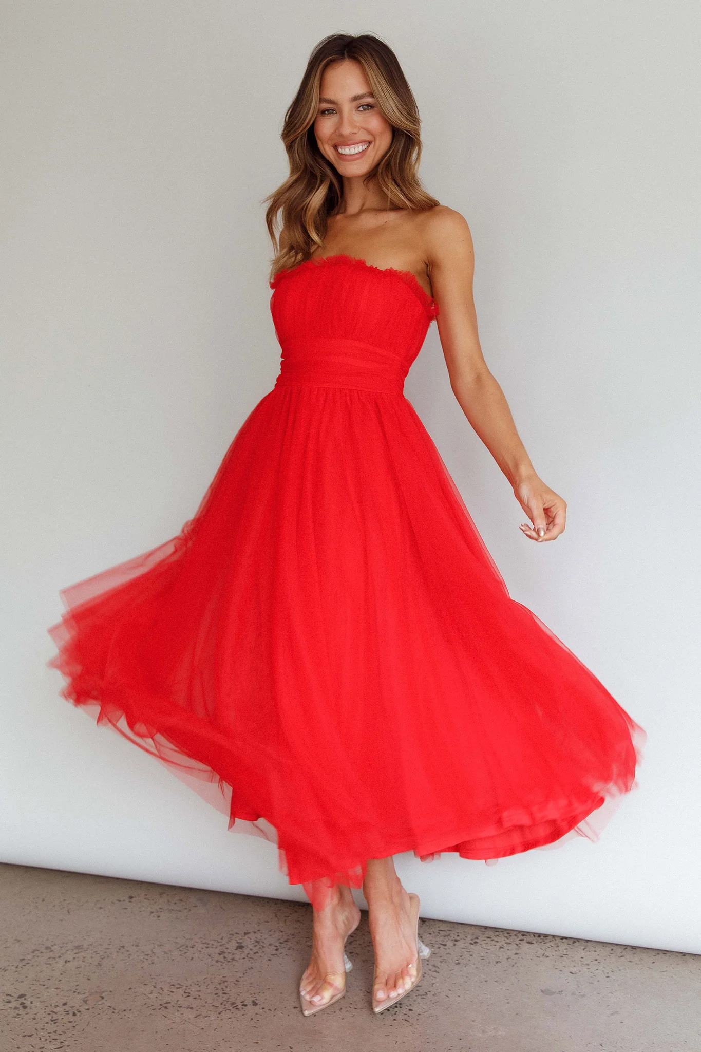 Fayette Strapless Mesh Midi Dress Red - Sonourner