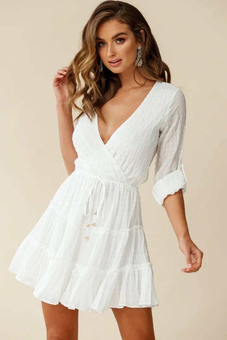 Bostyn Adjustable Sleeve Drawstring Waist Dress White - Sonourner