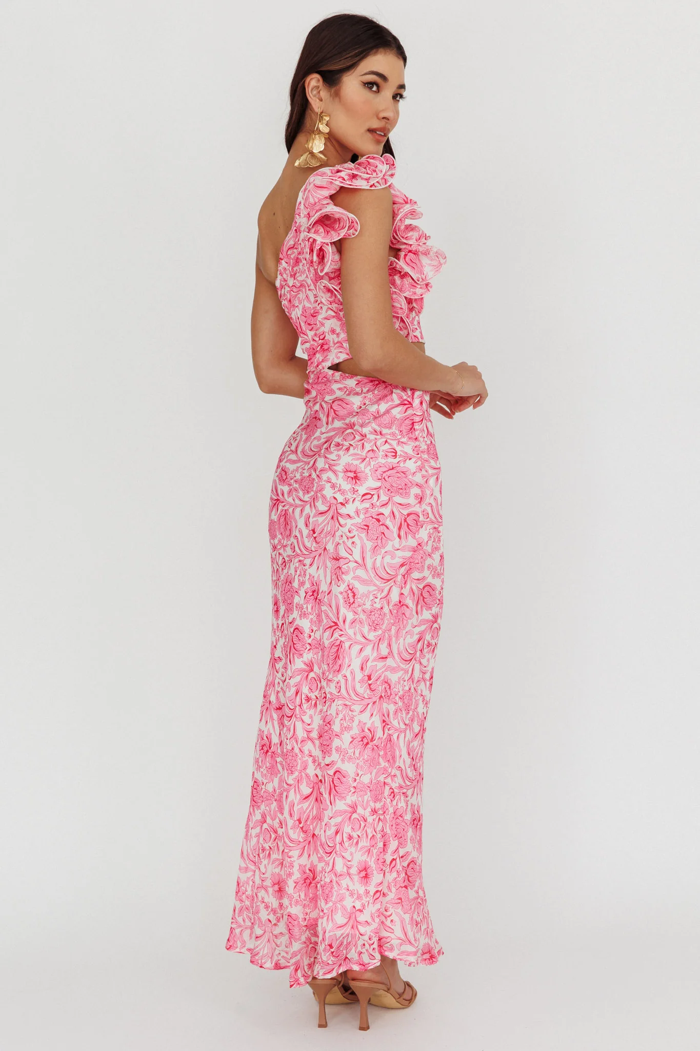 Deanna One-Shoulder Ruffle Midi Dress Floral Pink - Sonourner