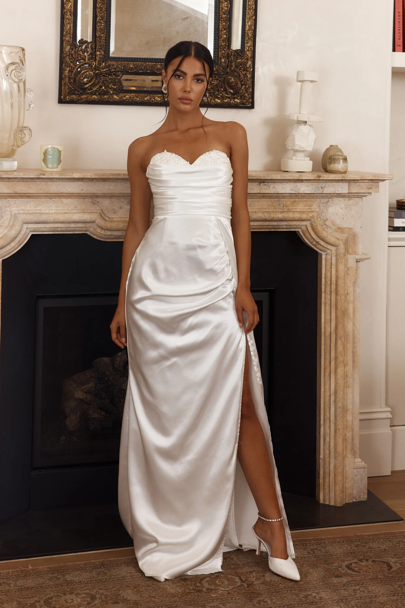 Ahava Sweetheart Applique Satin Maxi Dress White - Sonourner