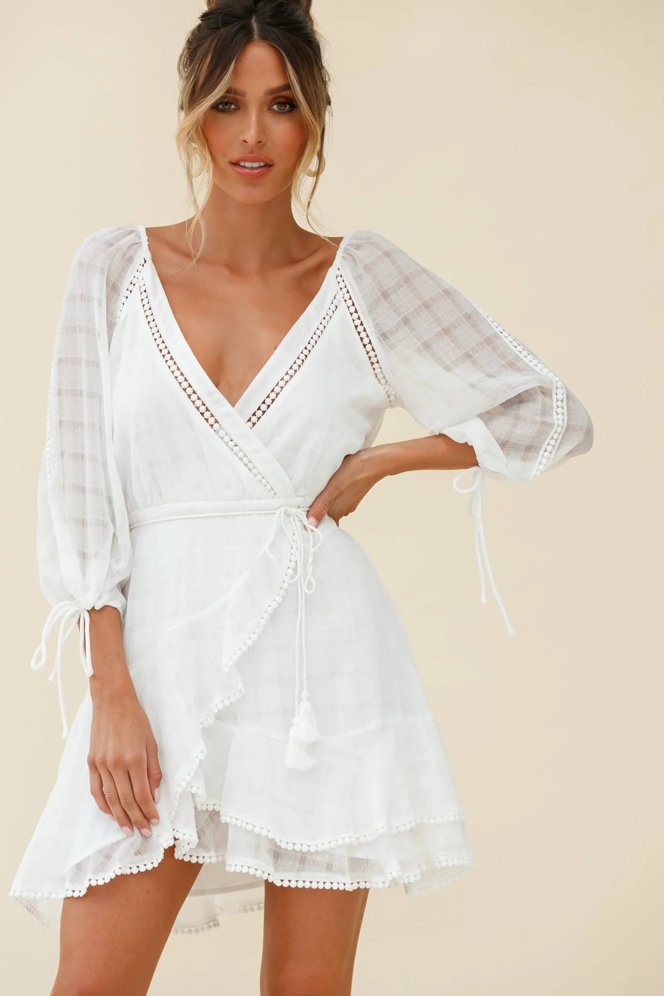 Wilde Balloon Sleeve Crochet Trim Dress White - Sonourner
