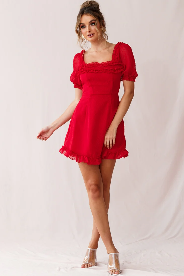Lara Puff Sleeve Frill Dress Red - Sonourner