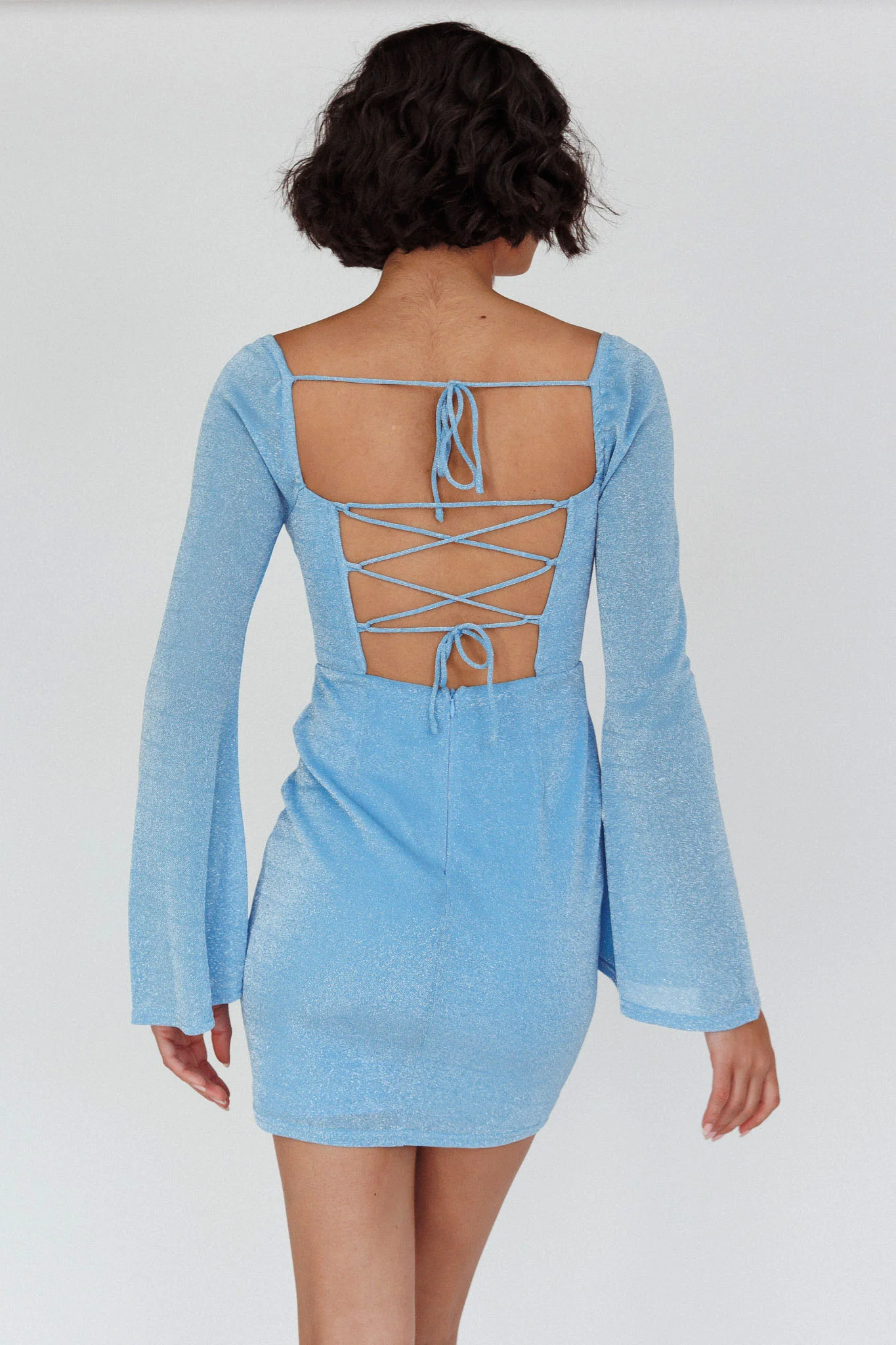 Dreaming Of Rome Laced Back Mini Dress Sparkle Blue - Sonourner