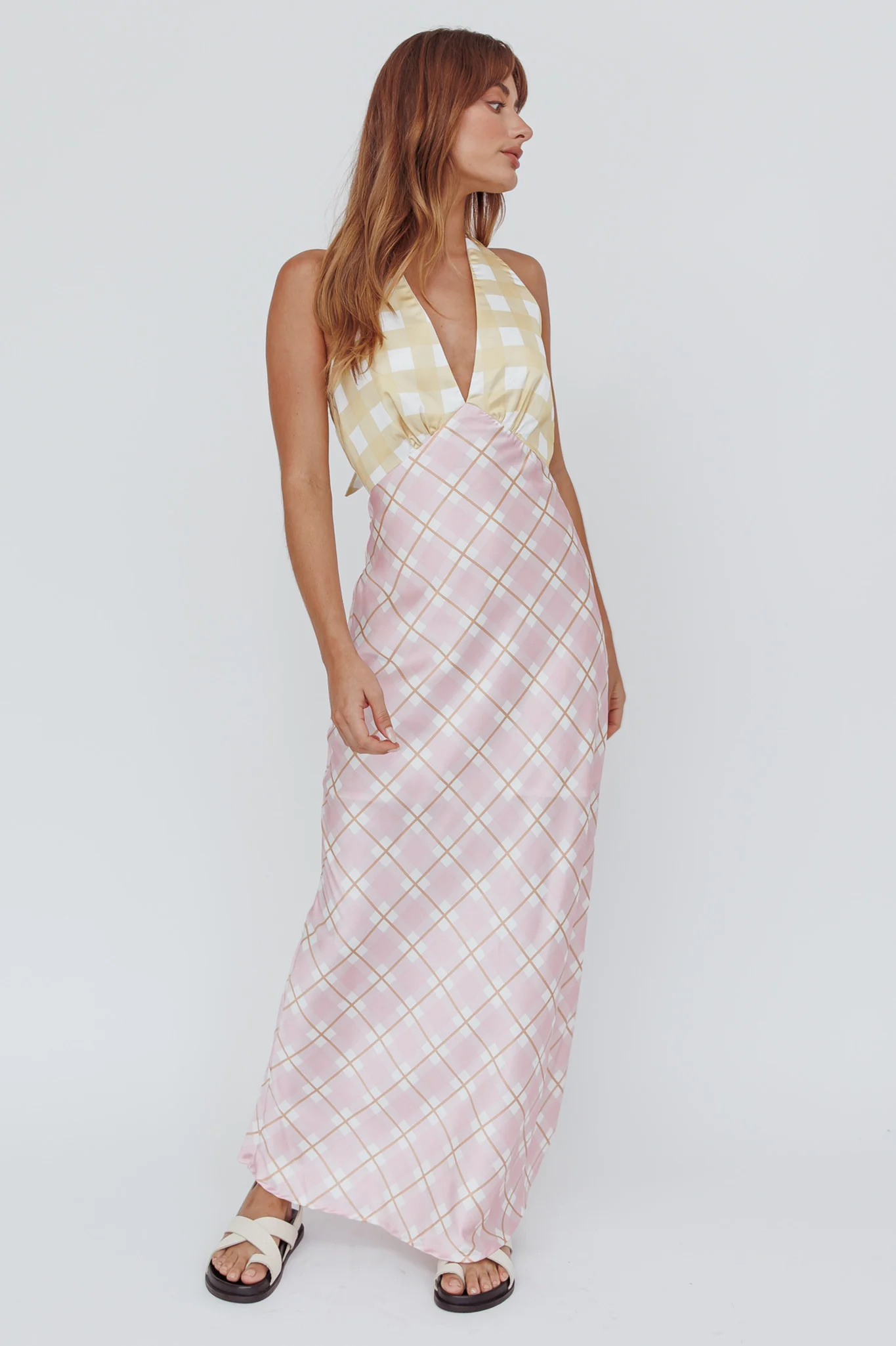 Lavara Halterneck Maxi Dress Checker Pink - Sonourner