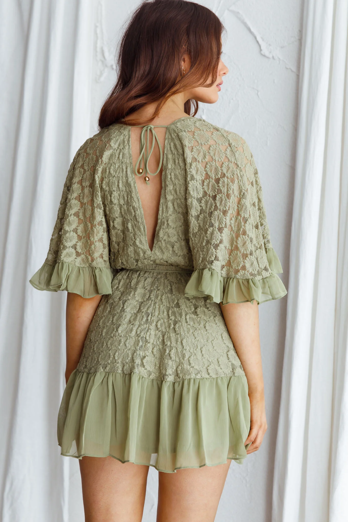 Clover Embroidered Surplice Neckline Dress Avocado - Sonourner