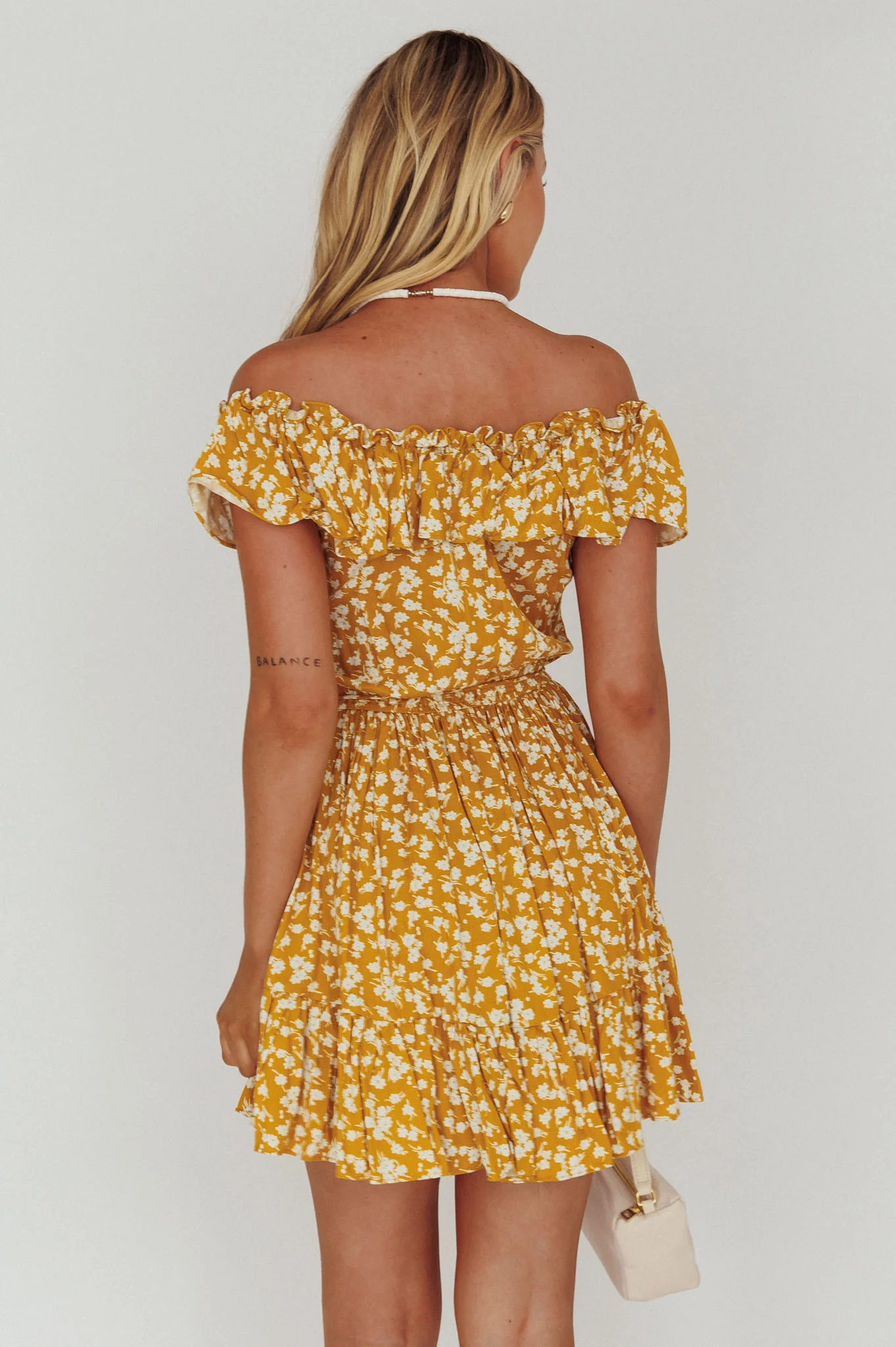 Andie Off-Shoulder Frill Dress Floral Yellow - Sonourner