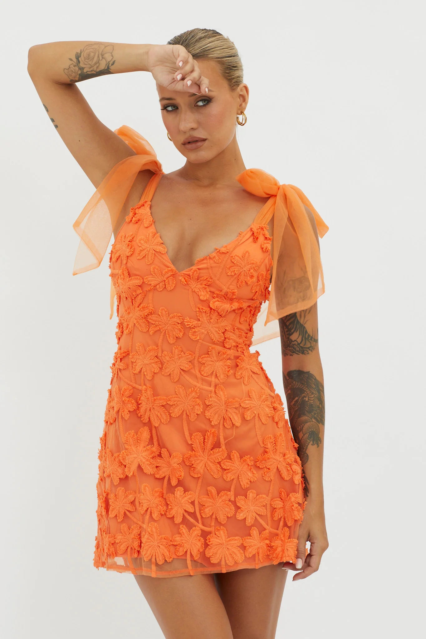 Mykonos Morning Tied Shoulder Embellished Mini Dress Orange - Sonourner