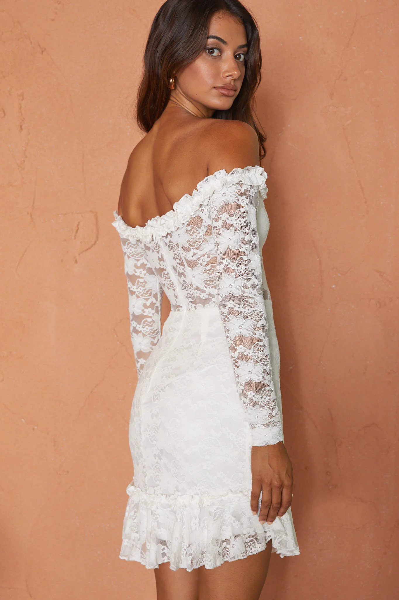 Dove Off-Shoulder Frill Trim Lace Mini Dress White - Sonourner