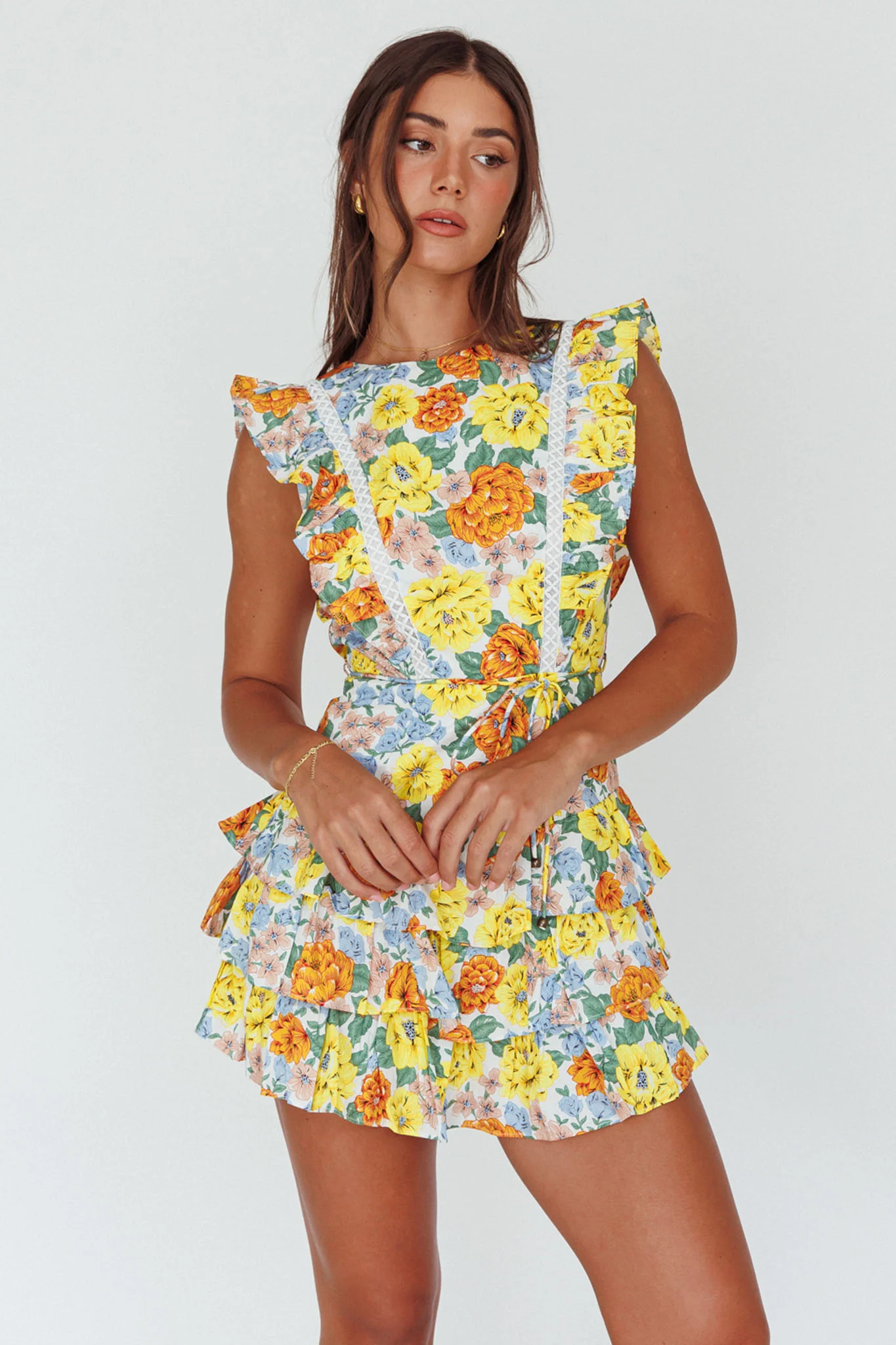 Weekend Muse Sleeveless Layered Frill Romper Yellow Floral - Sonourner