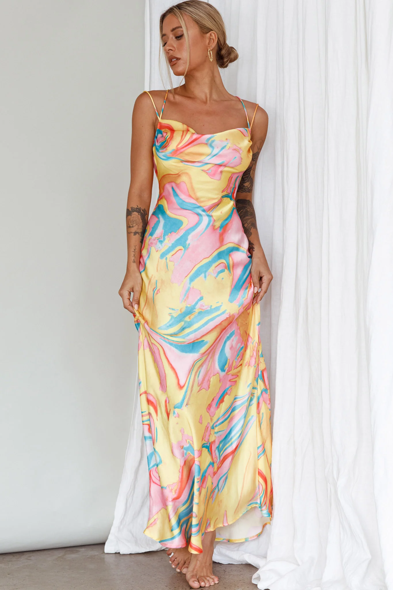 Moment With You Ruched Bust Midi Dress Swirl Yellow/Green - Sonourner