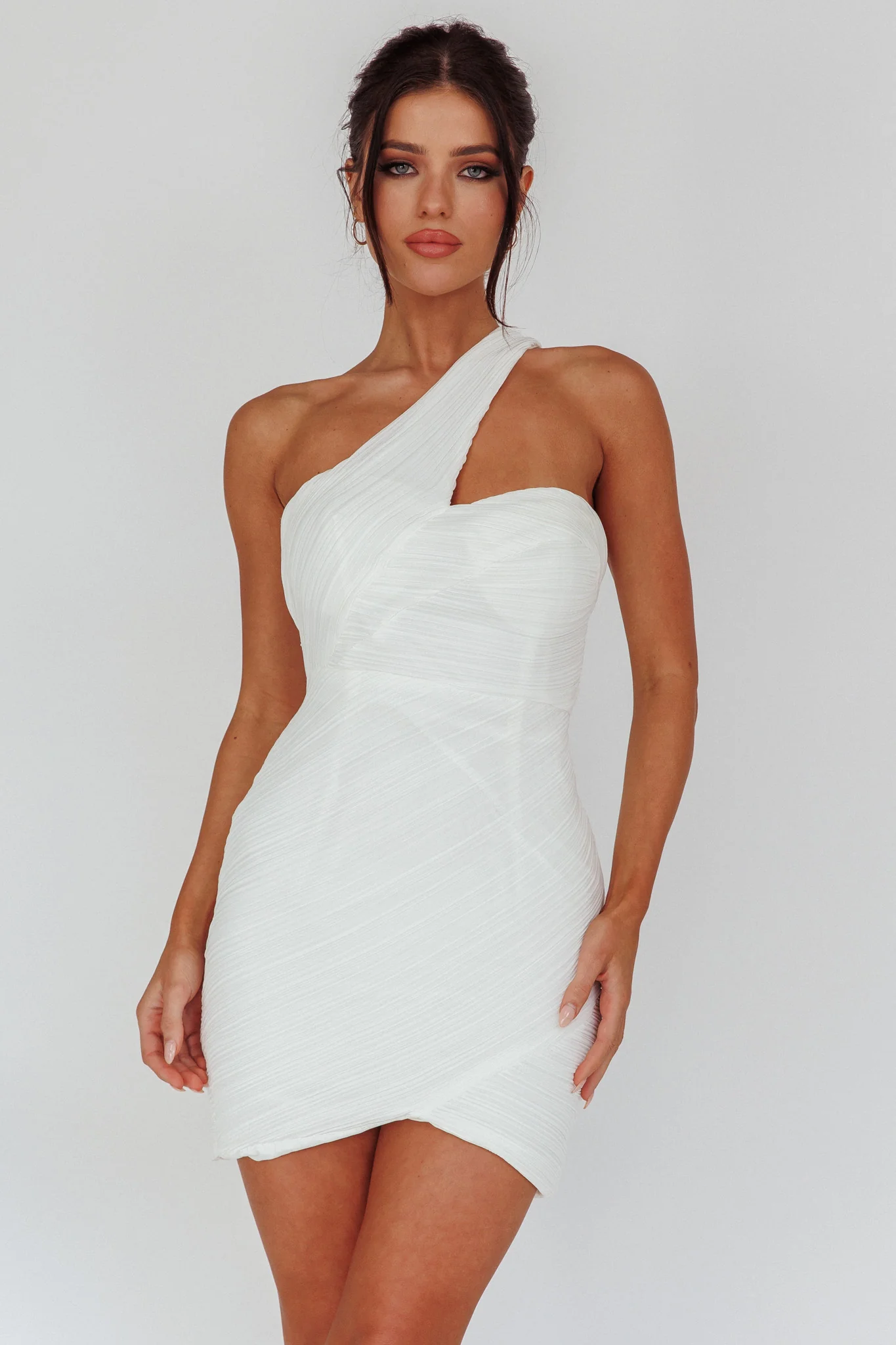 Meridith One Shoulder Accordion Pleat Mini Dress Off White - Sonourner