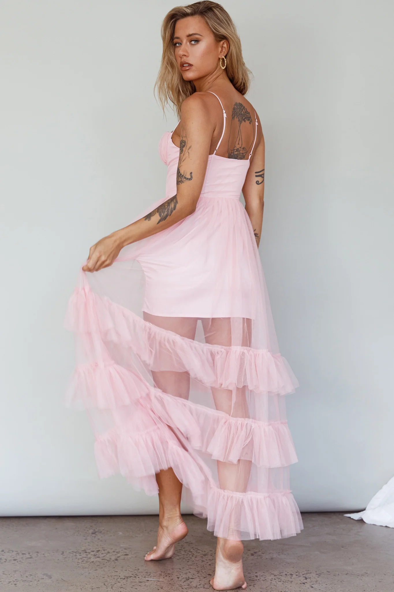 Moonlight Sonata Ruffle Mesh Maxi Dress Cameo Pink - Sonourner