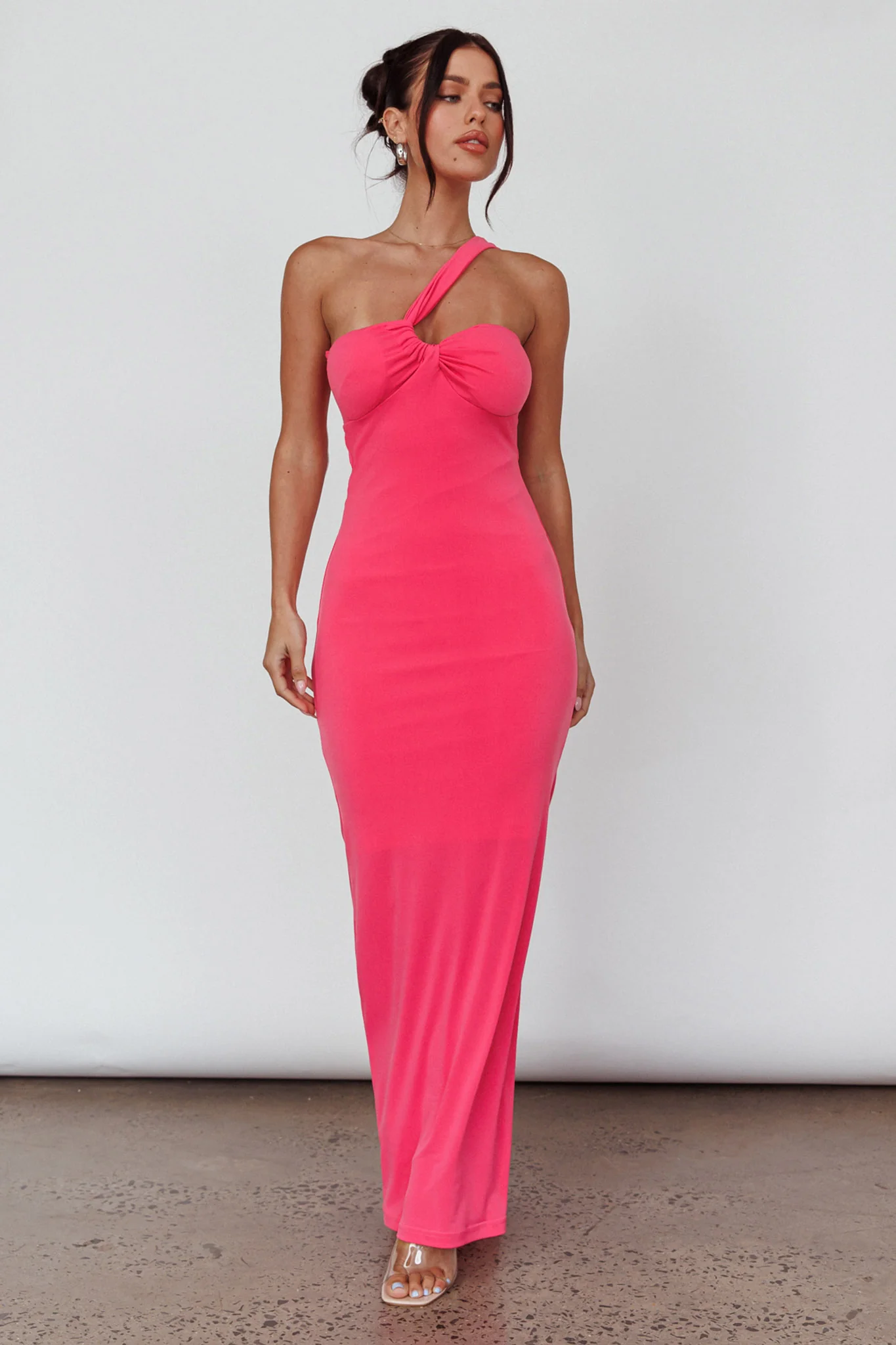 Trinny One-Shoulder Ruched Back Midi Dress Hot Pink - Sonourner