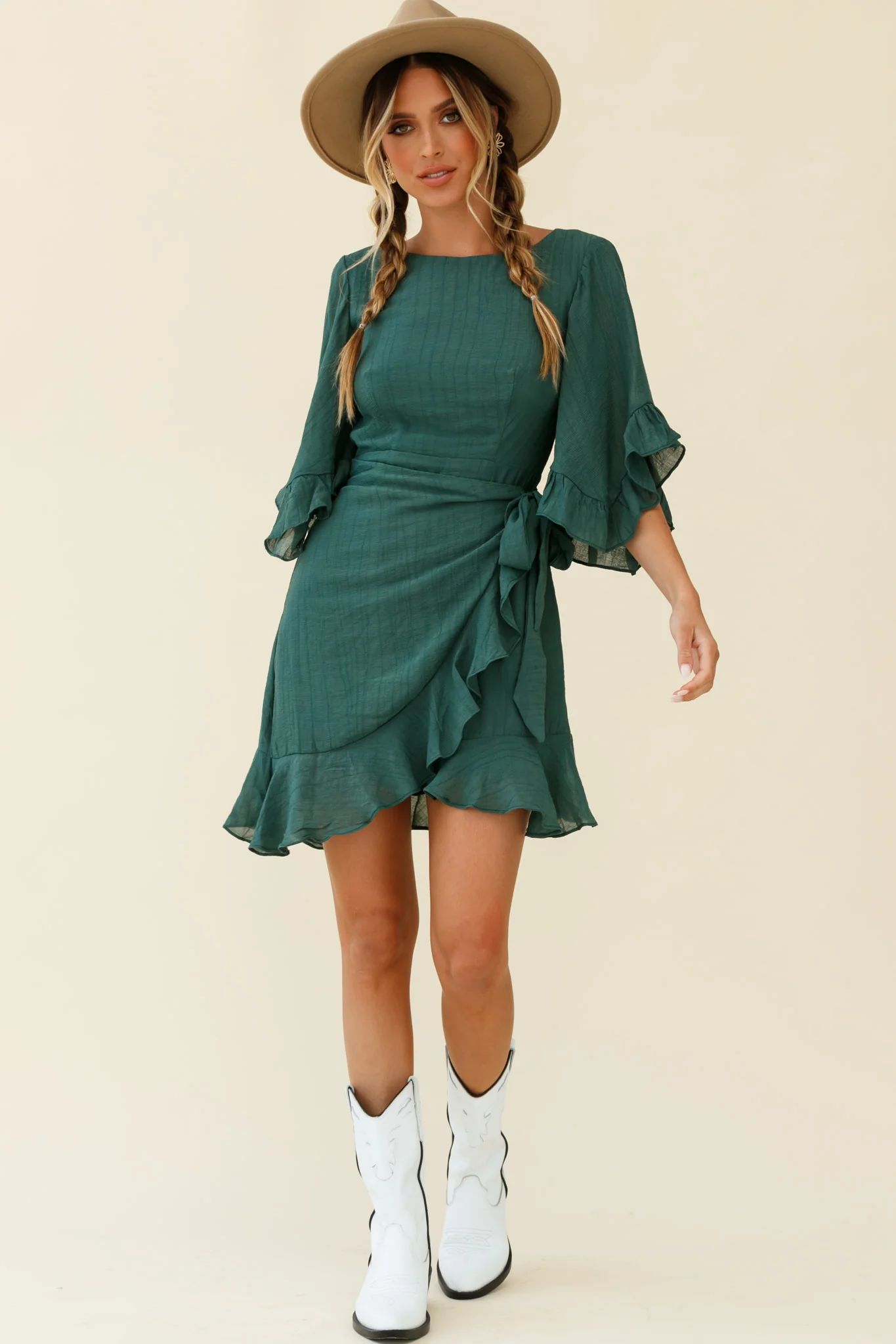Make It Happen Flared Sleeve Ruffle Trim Dress Green - Sonourner