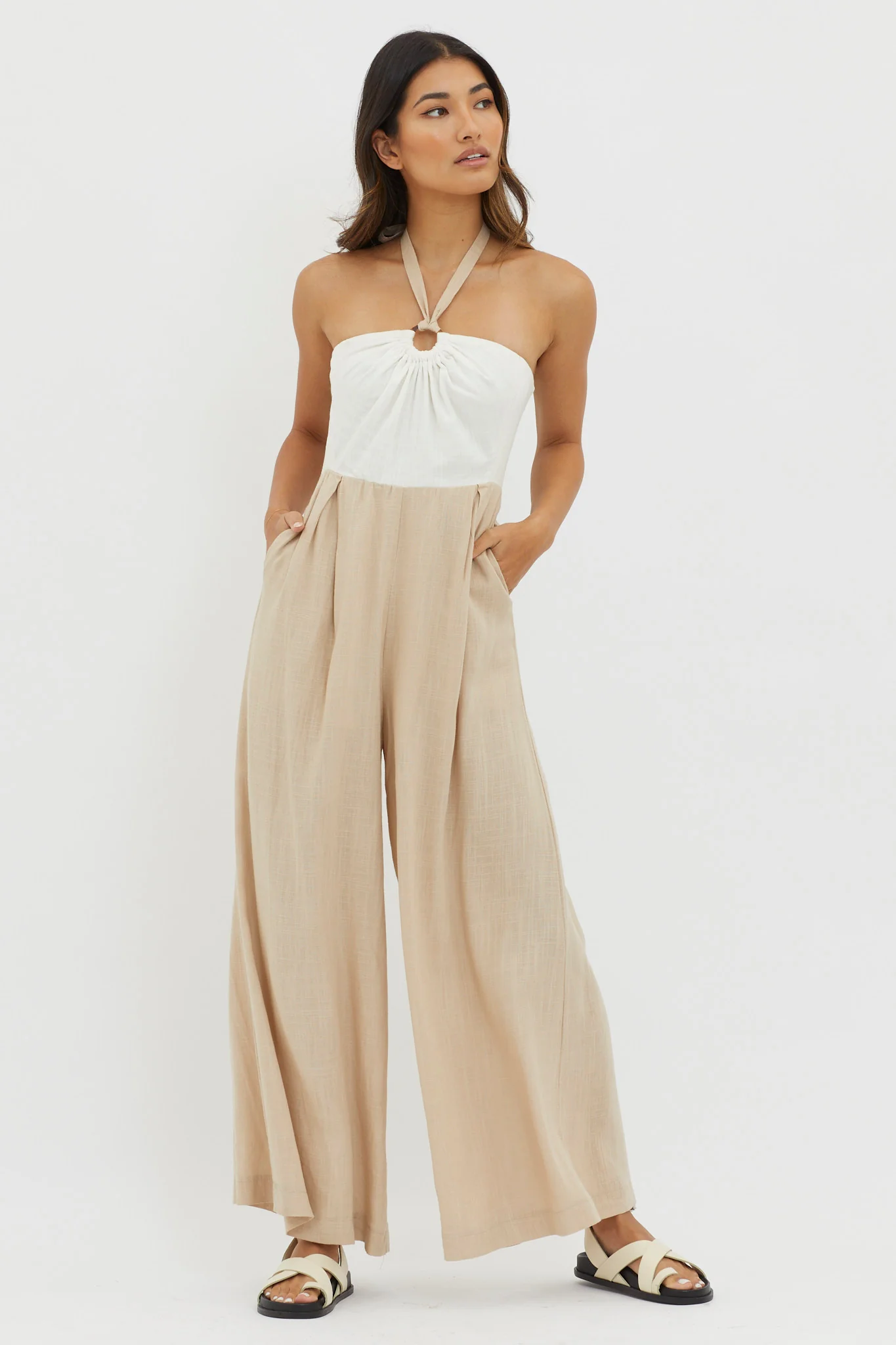 Maryn Wide Leg Halterneck Jumpsuit Beige - Sonourner