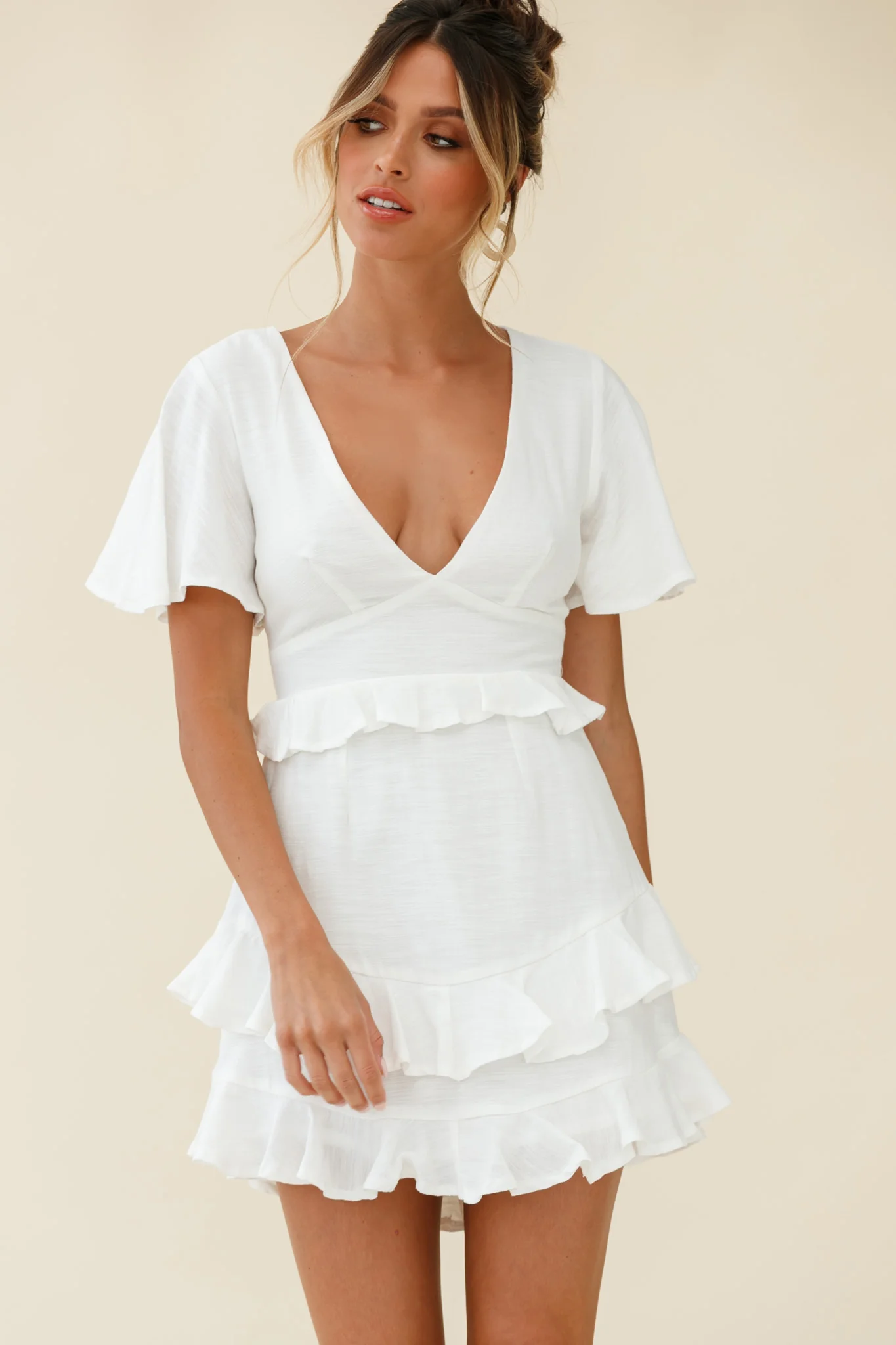 Queenie Angel Sleeve Ruffle Trim Dress White - Sonourner