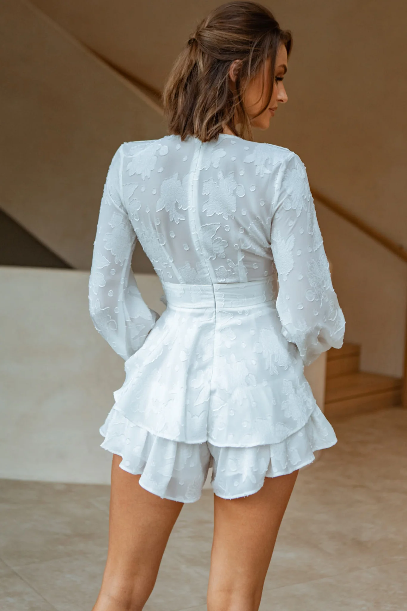 Maddox Fit & Flare Long Sleeve Romper Textured Floral White - Sonourner