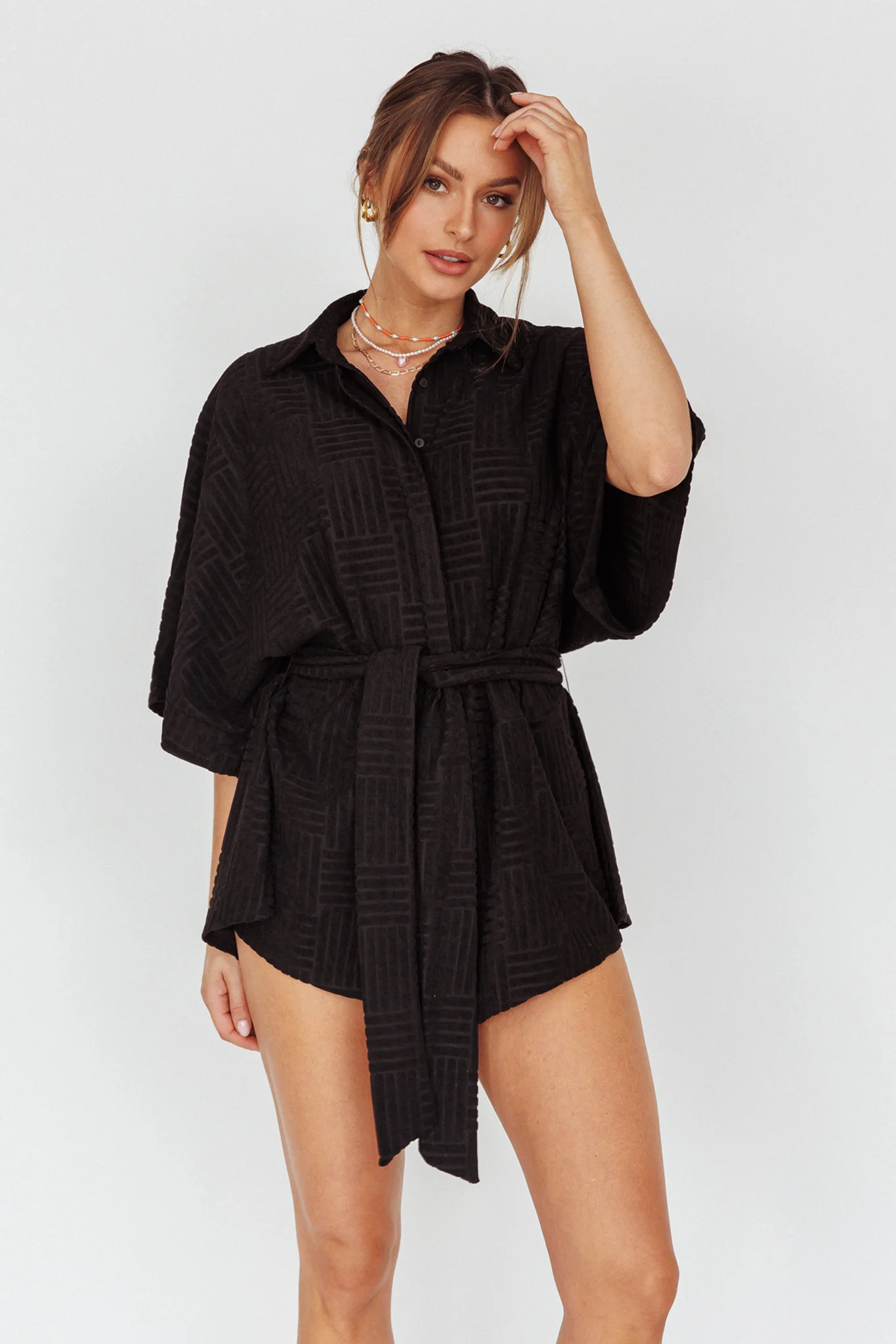Daytona Beach Button-Up Romper Textured Black - Sonourner