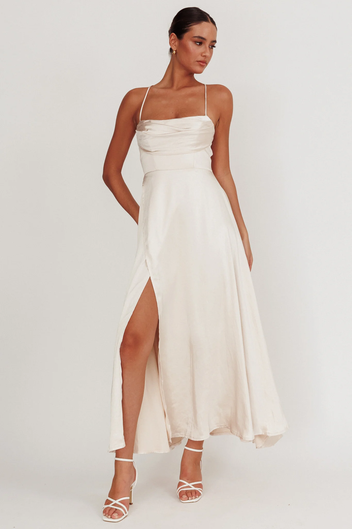 Inner Light Gathered Bust Split Maxi Dress Champagne - Sonourner