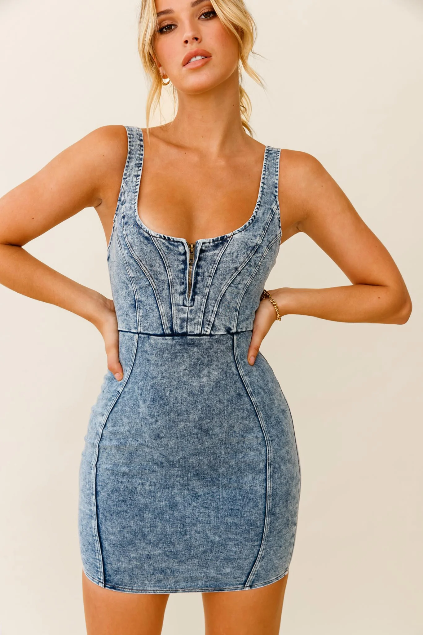 Rhythm Wide Strap Bodycon Mini Dress Washed Blue - Sonourner