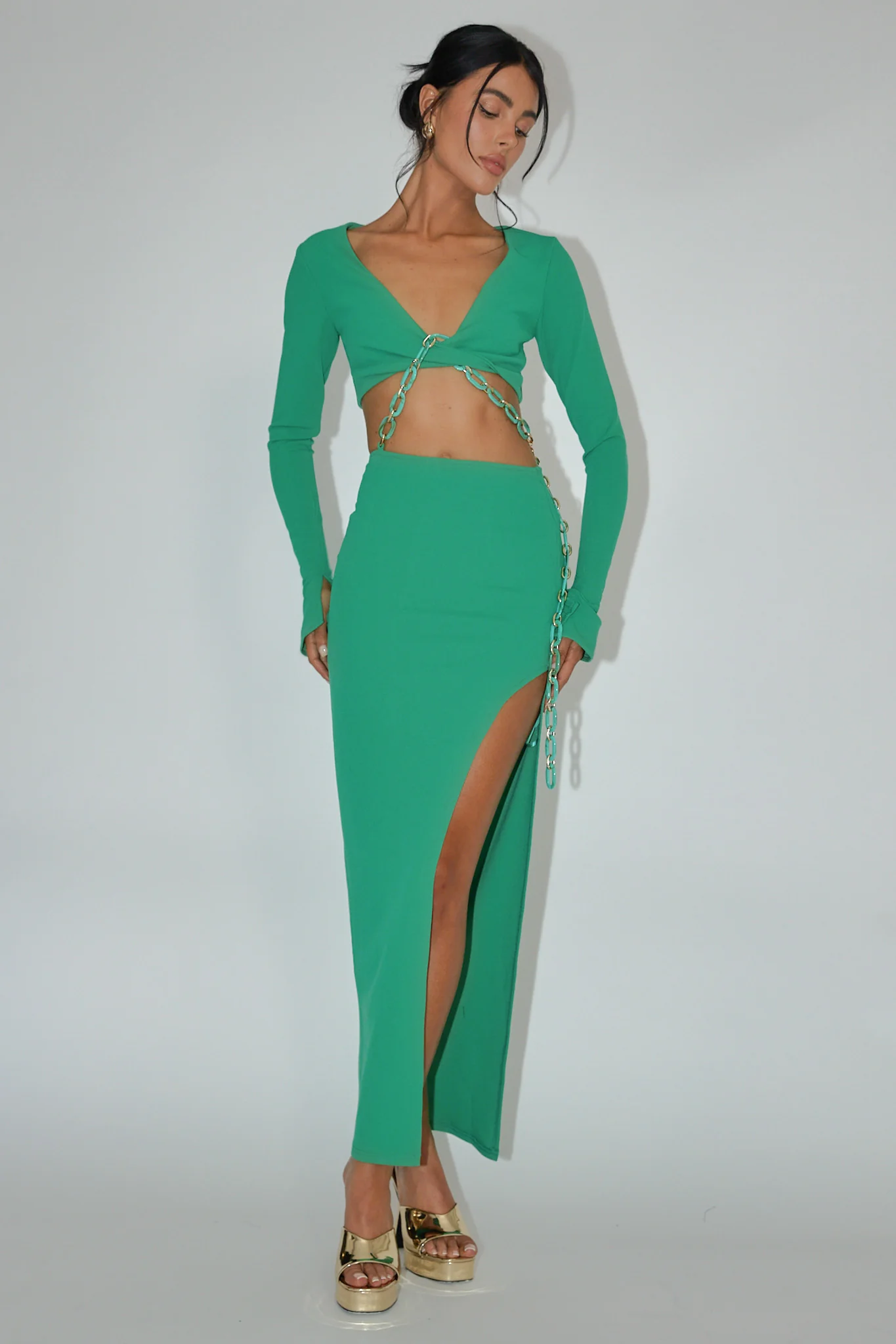 Sigournie Long Sleeve Chain Midi Dress Green - Sonourner