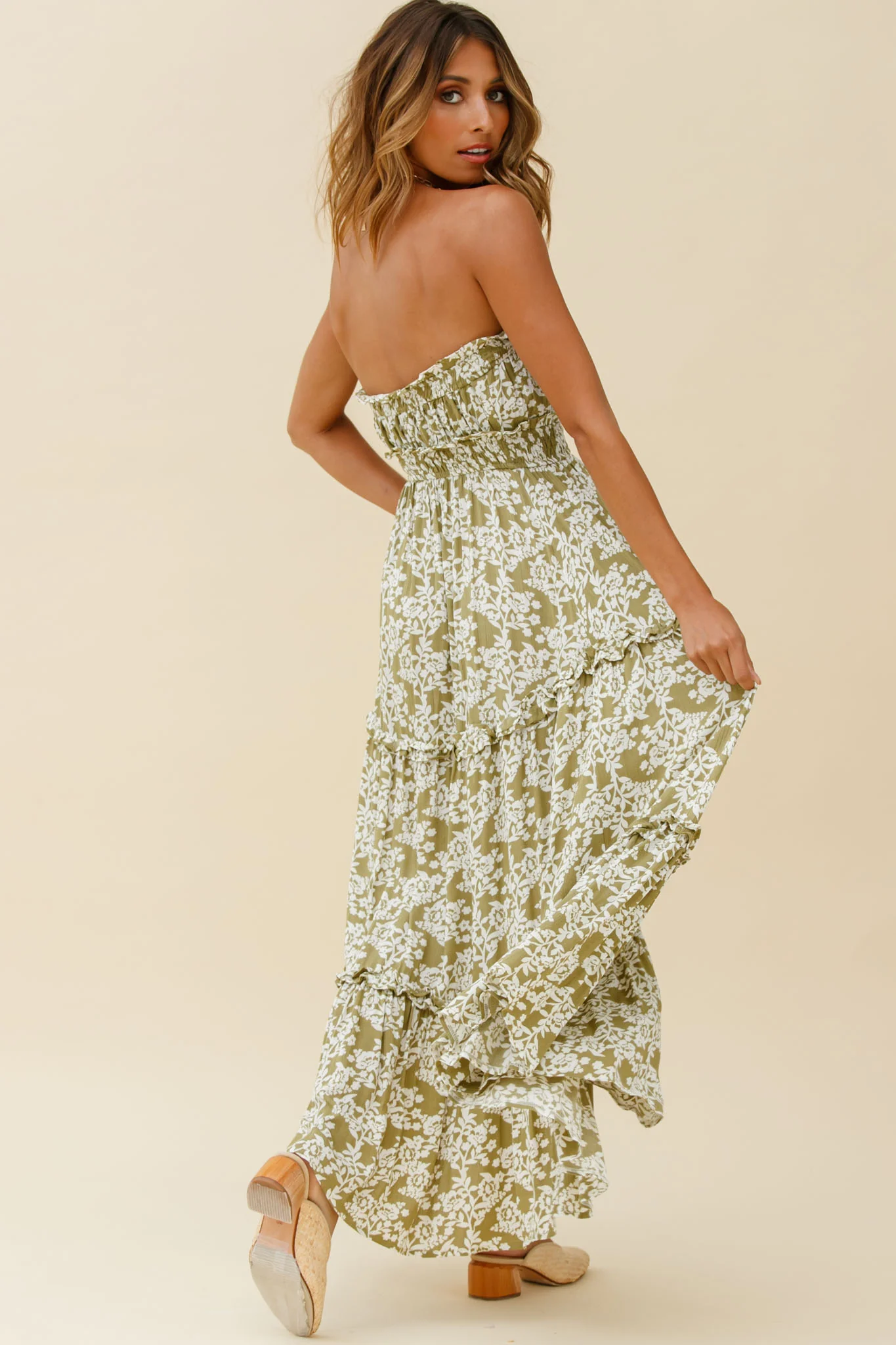 Take Me Away Strapless Maxi Dress Floral Print Green - Sonourner
