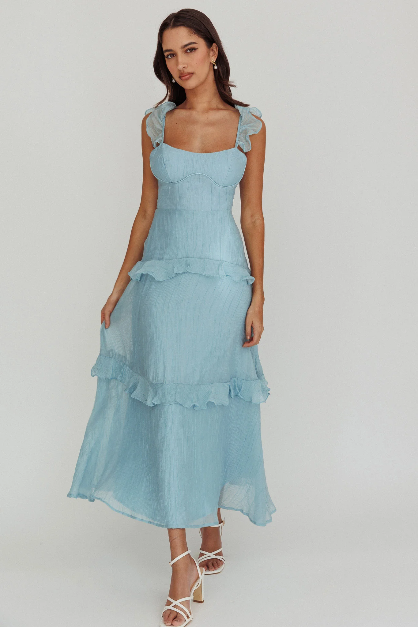 Moonlit Moment Ruffle Trim Lace-Up Back Maxi Dress Blue - Sonourner