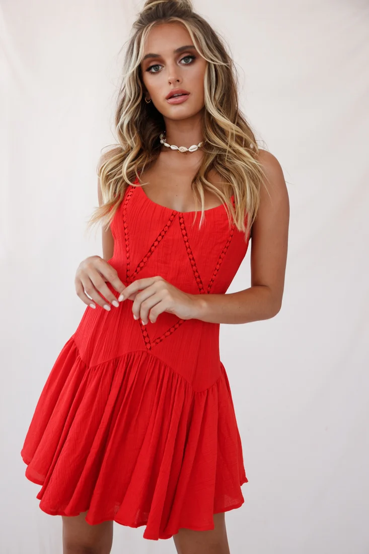 Darma Crochet Detail Fluted Hem Dress Red - Sonourner