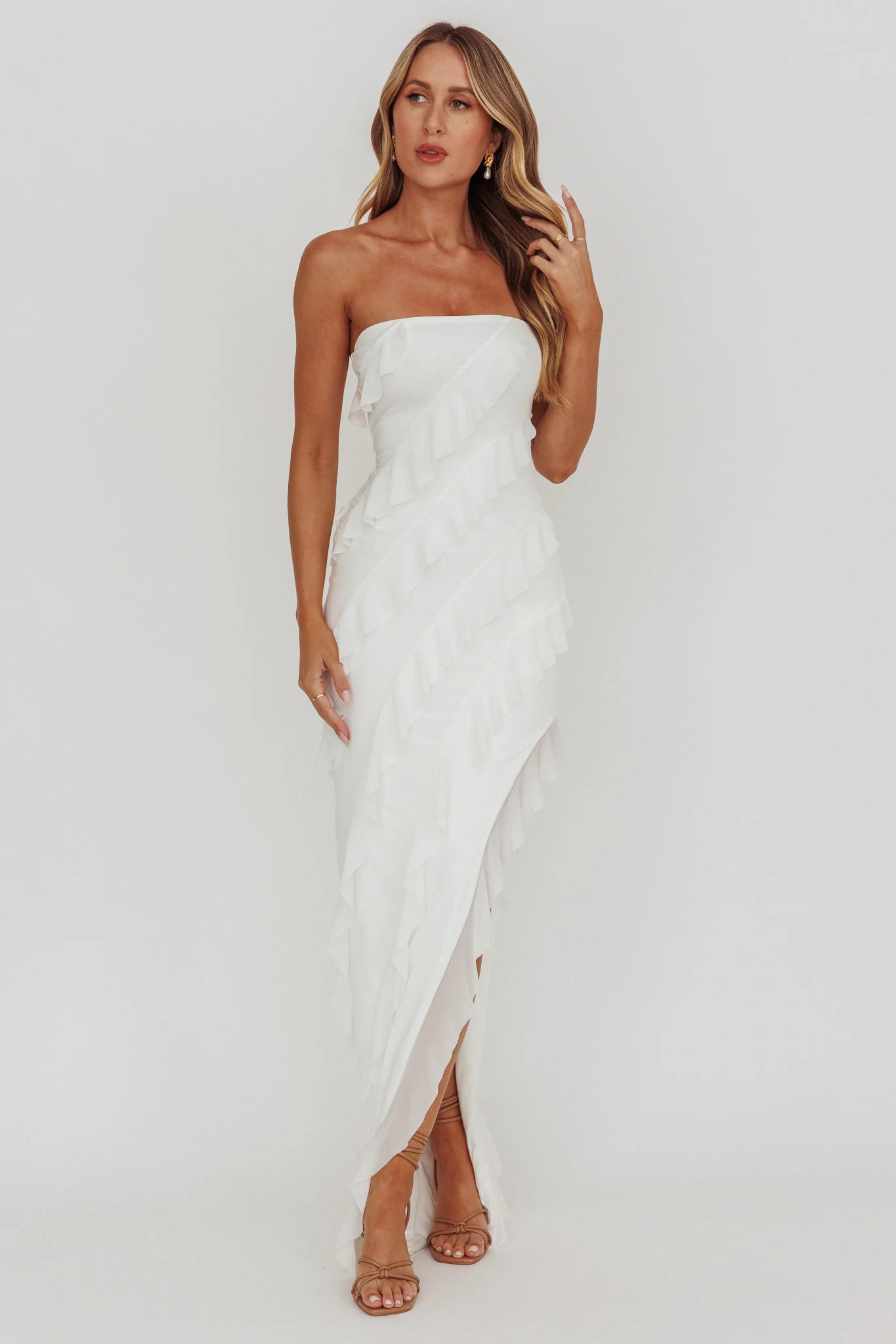 Just Friends Strapless Ruffle Maxi Dress Off White - Sonourner
