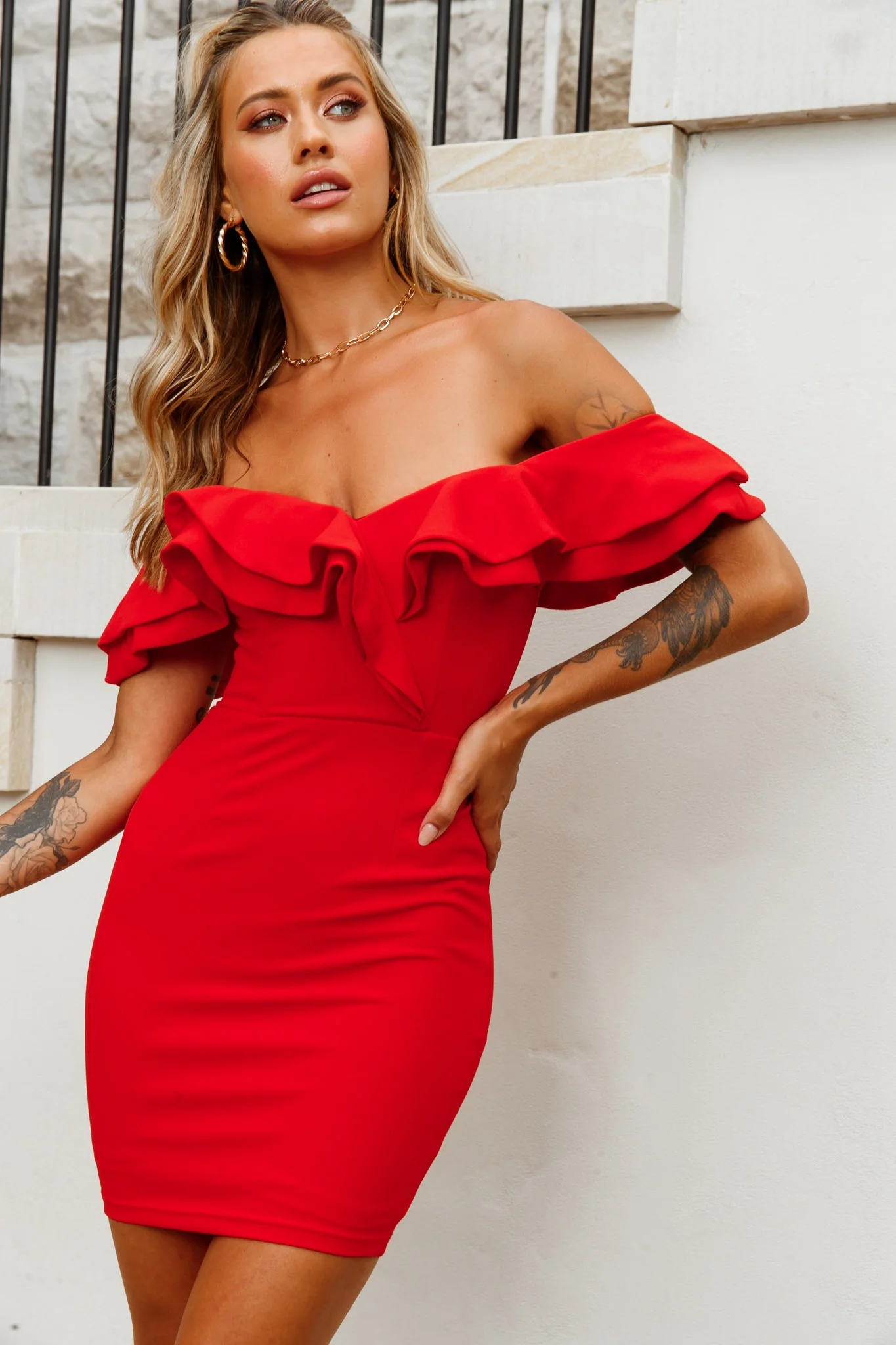 Rossi Off-Shoulder Double Ruffle Dress Red - Sonourner